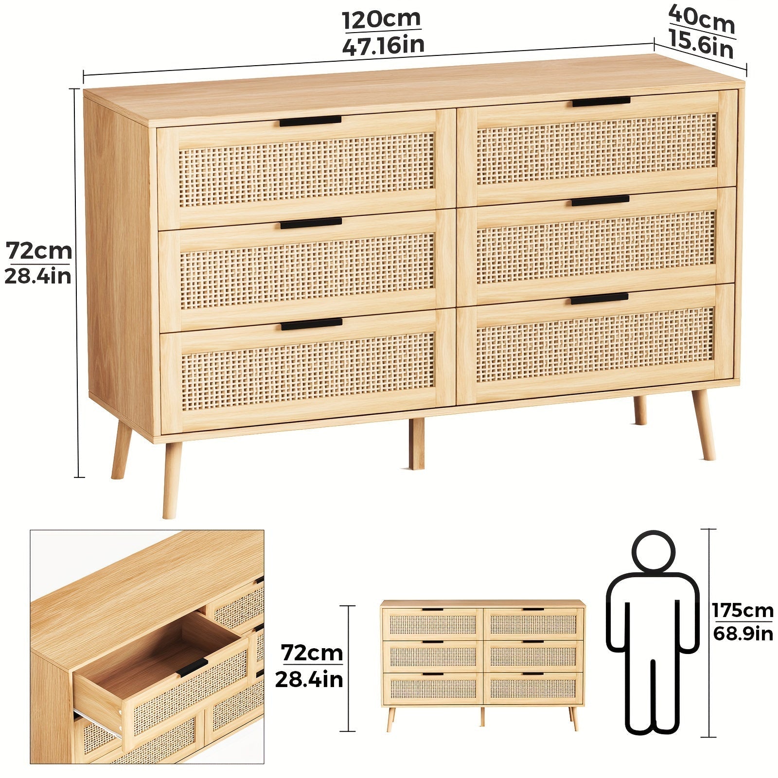 Natural Rattan Dresser for Bedroom with 6 Drawer, Wood Durable Dressers & chests of Drawers with Black Handles, Handmade Natural Rattan Modern Storage Double Drawers for Bedroom, Closet, Living room Storage Drawer Units