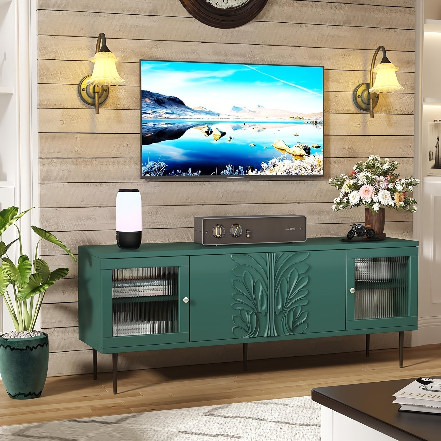 TV Stand For TVs Up To 75", Mid Century Modern TV Console With 3D Flower Pattern, Wood Entertainment Center With 2 Fluted Glass Doors, Media Console Table With Storage For Living Room