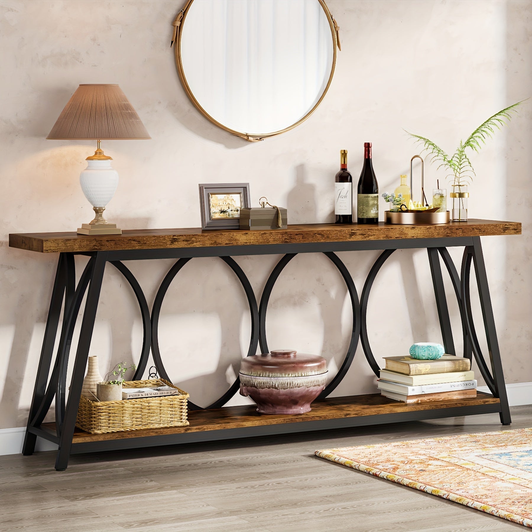 180 cm Extra Long Console Table: Industrial Sofa Table with 2-Tier Storage Shelf for Behind Couch, Narrow Entryway Hallway Accent Table for Living Room