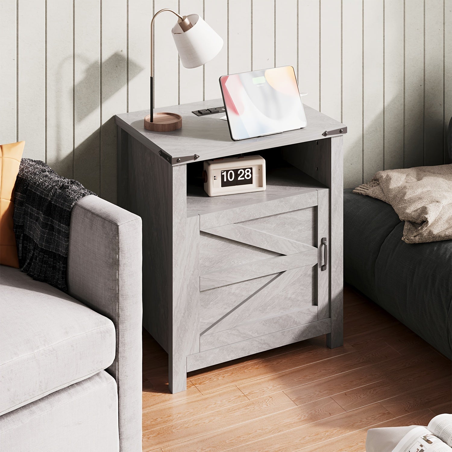 Farmhouse End Table With Charging Station, 21'' Rustic Nightstand With Barn Door, And Open/Closed Storage, Set Of 2 For Living Room Or Bedroom.