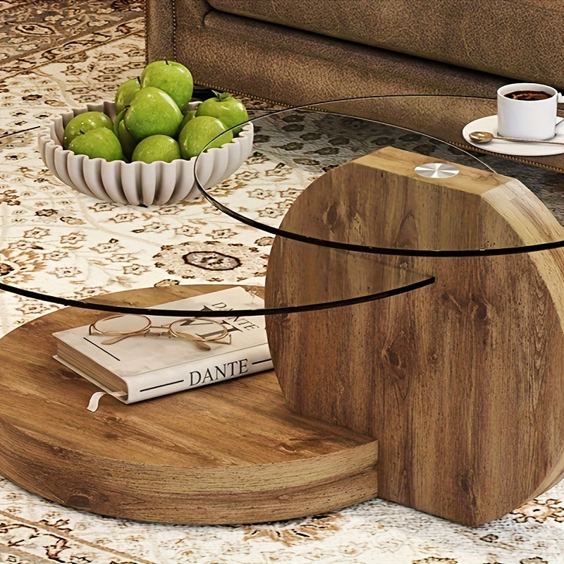 Glass Coffee Table, Modern Round Tempered Glass Coffee Tables For Living Room, 3-Tier Circle Wood Coffee Table With Storage Clear Cocktail Table For Small Space Home Office