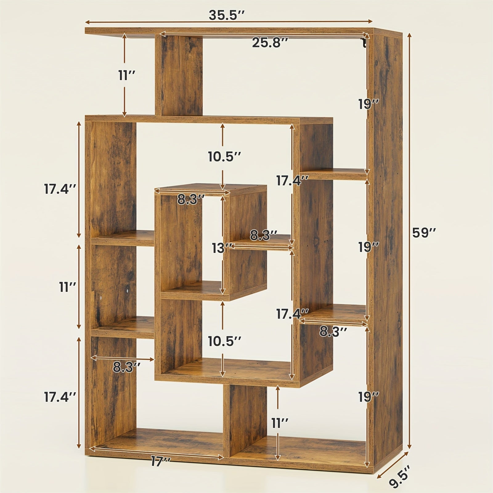 6-Tier Geometric Bookcase, S-Shaped Modern Bookshelf Set of 2, 59" Tall Room Divider Book Shelf, Decorative Display Shelf, Rustic Brown/Black