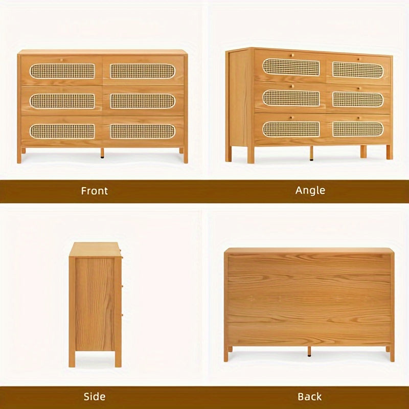 6 Drawer Dresser, 120cm Rattan Double Dresser with Handles, 3 Layers Chest of Drawers for Bedroom, Living Room, Oak Color