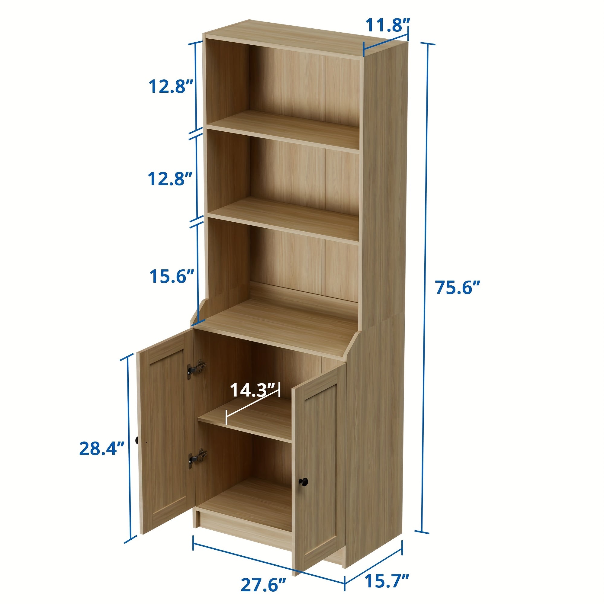 Modern 190cm Tall Bookcase with Doors - Versatile 5-Tier Floor Standing Bookshelf with Adjustable Shelves & Storage Cabinet for Living Room, Office, Bedroom - Black/White/Oak, UTTU, 27.6" W X 15.7" D X 75.6" H