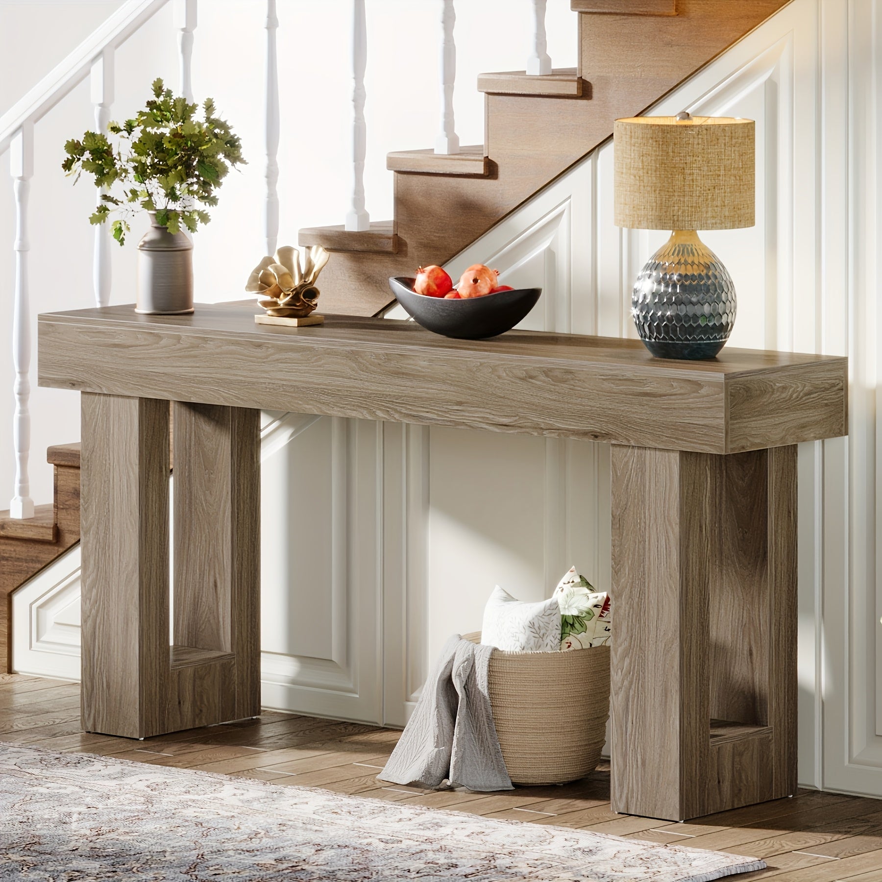 Chic 160 cm Long Wooden Console Table with Open Storage Space - Contemporary Farmhouse Style, Sturdy Hardwood Construction, Ideal for Entryway, Hallway, Living Room - Features Perfectly Aligned Top & Base Width