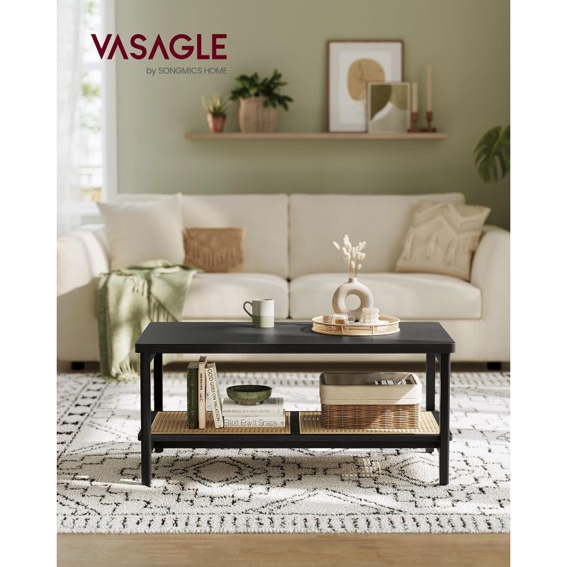 Boho Chic 2-Tier Coffee Table with PVC Rattan Storage - Easy Assembly, Rounded Corners, Hardwood & Metal Construction for Living Room, VASAGLE, Rectangular Center Table