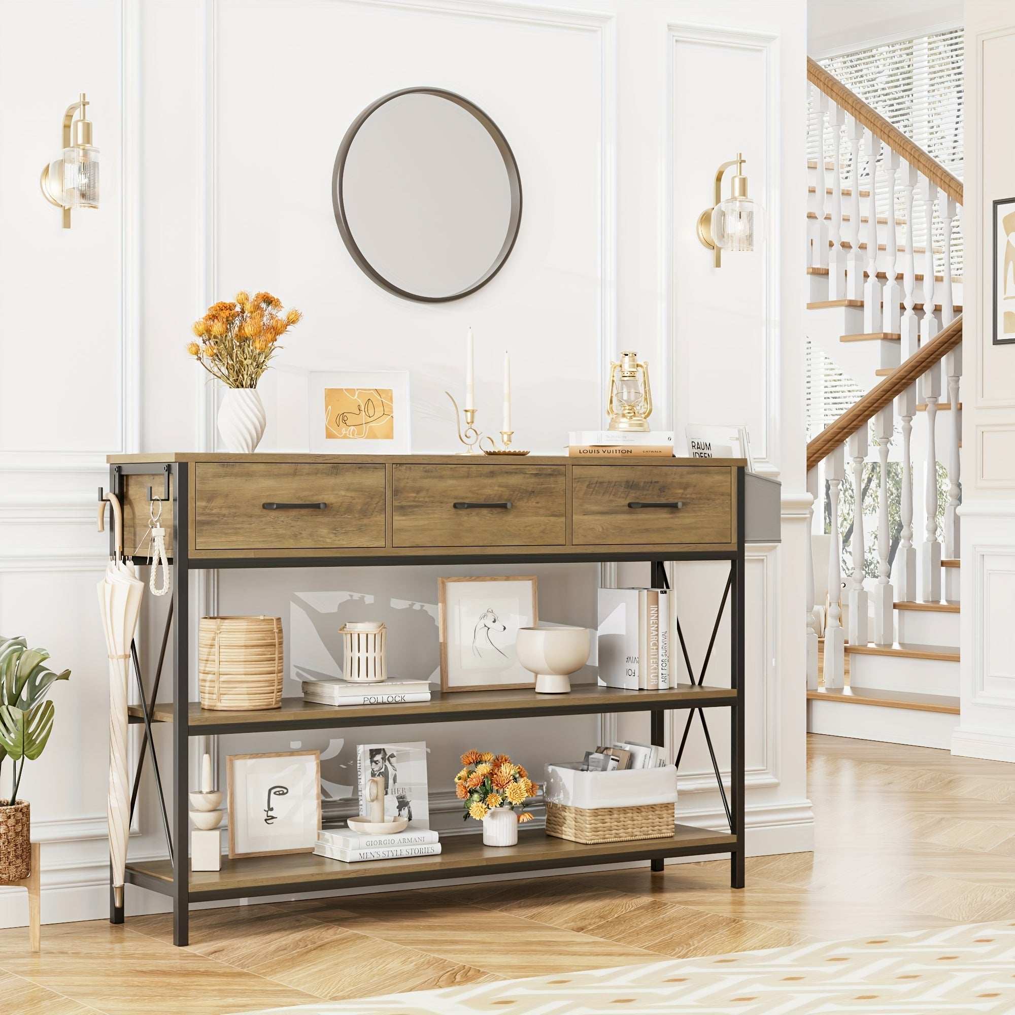 Industrial Console Table With 3 Drawers, Vintage Hallway Foyer Table With Storage Shelves, Narrow Long Sofa Entryway Table For Living Room (Dimensions in cm)