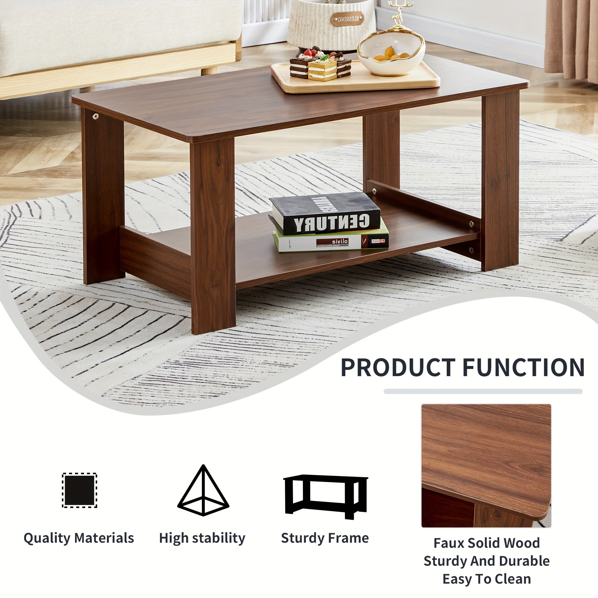 Farmhouse Wood Coffee Table - Boho Tea Table with Storage Shelf, Rectangle Center Table Wood Look Accent Table, 2-Tier Sofa Side Table Modern Rectangular Coffee Table Living Room Furniture, Local Warehouse, Farmhouse Clearanc