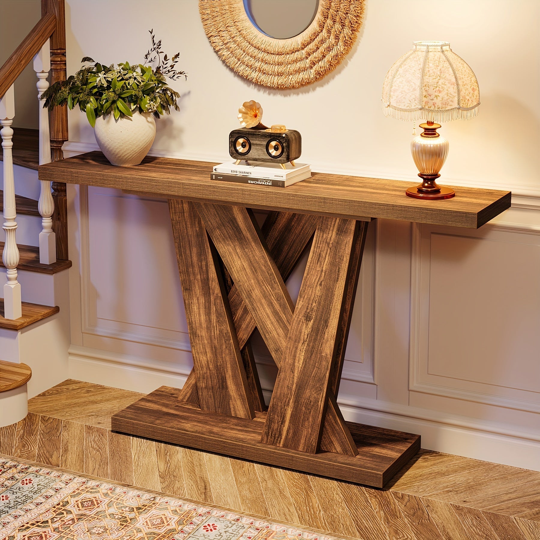 140 cm Farmhouse Console Table, Entryway Table with Geometric Base, Narrow Sofa Table, Rustic Wood Hallway Table for Entrance, Living Room, Foyer