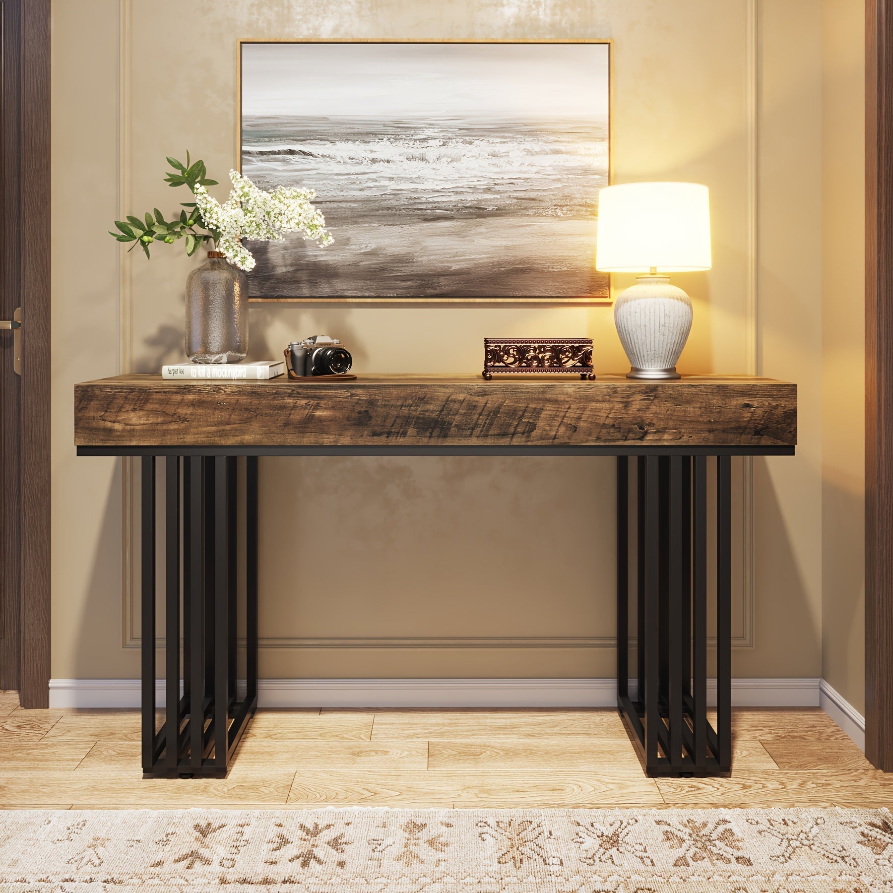 Entryway Table, Farmhouse Natural Console Table with Storage Shelf, Wood and Metal Narrow Entrance Table 140 cm Sofa Table for Entry Hallway Living Room