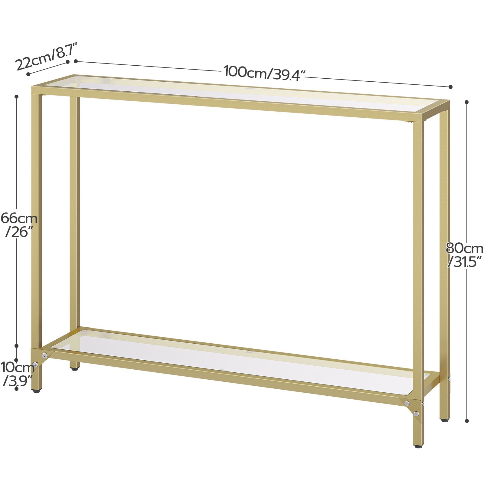 1pc Rustic Golden Metal Frame Console Table with Tempered Glass Top, Multifunctional Sofa Table for Living Room, Hallway - No Electricity Needed, Modern Narrow Couch Table (Measurements in cm)