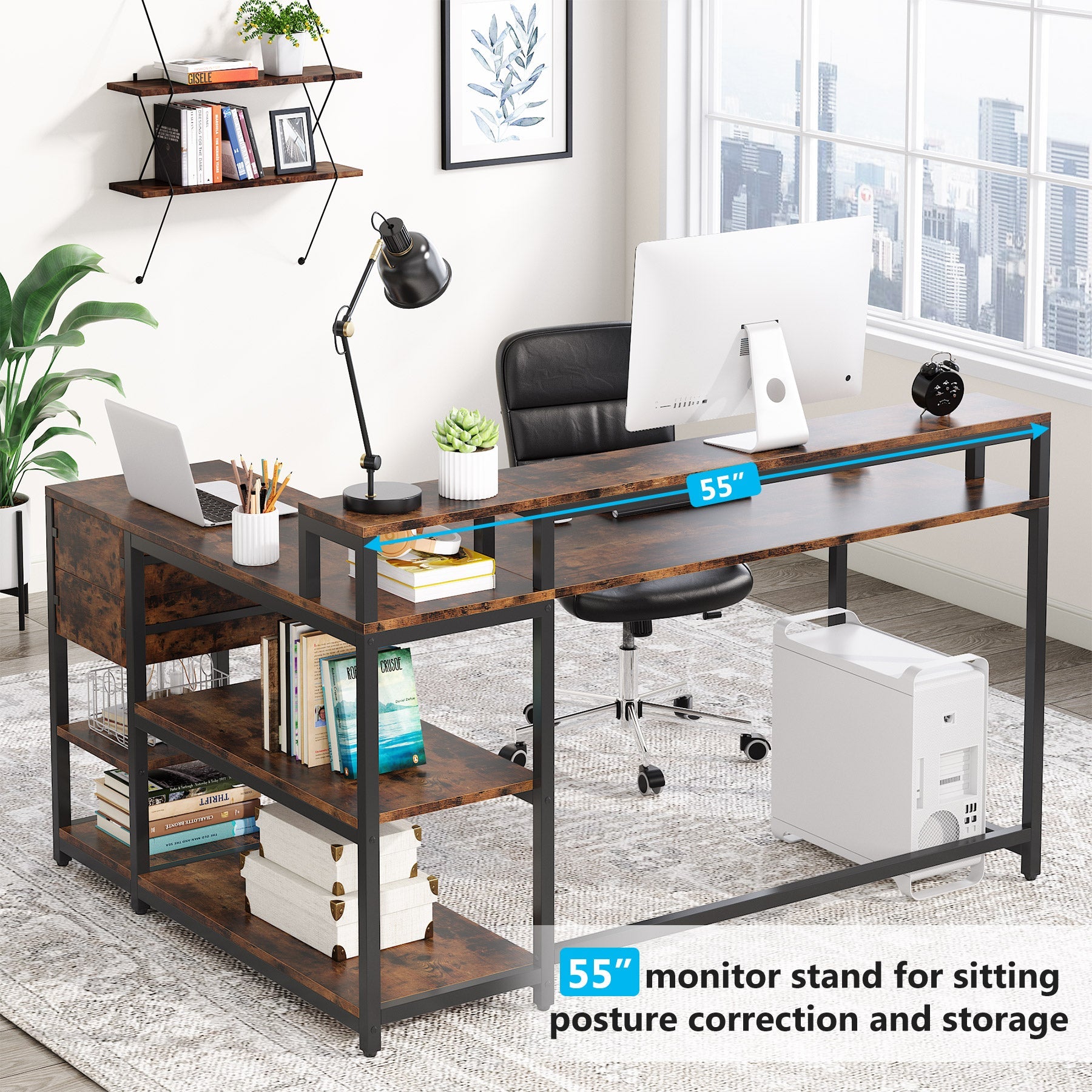 Reversible L-Shaped Desk, Industrial Corner Desk with Drawer & Shelves (Dimensions in cm)