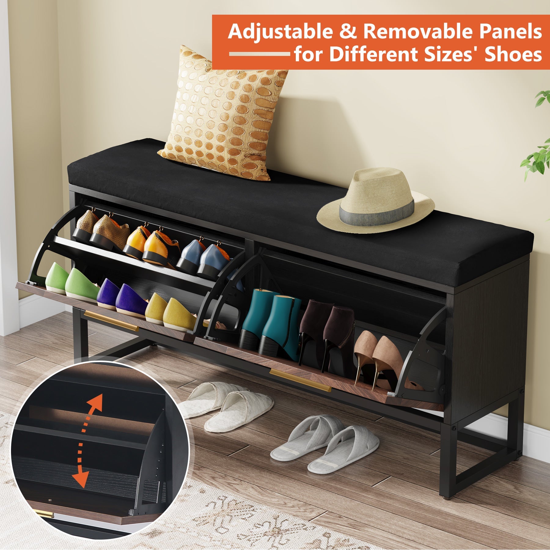 Entryway Shoe Storage Bench, Hallway Shoe Organizer with 2 Flip Drawers (in cm)