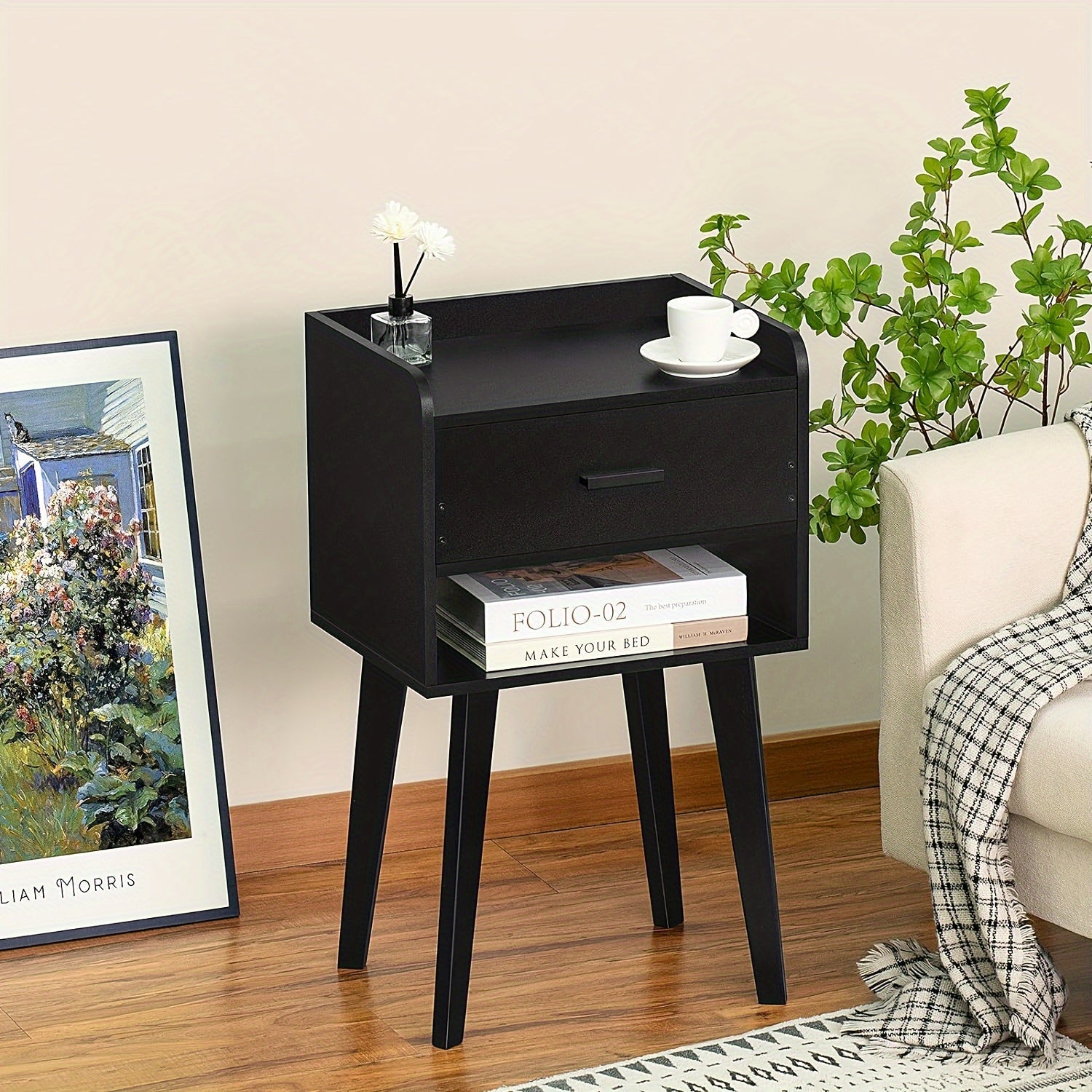 Black Nightstand, Modern Bedside Table with Drawer, Wood End Table for Small Space, Side Table with Storage, Night Stand for Bedroom/Living Room/Dorm 26.38''H