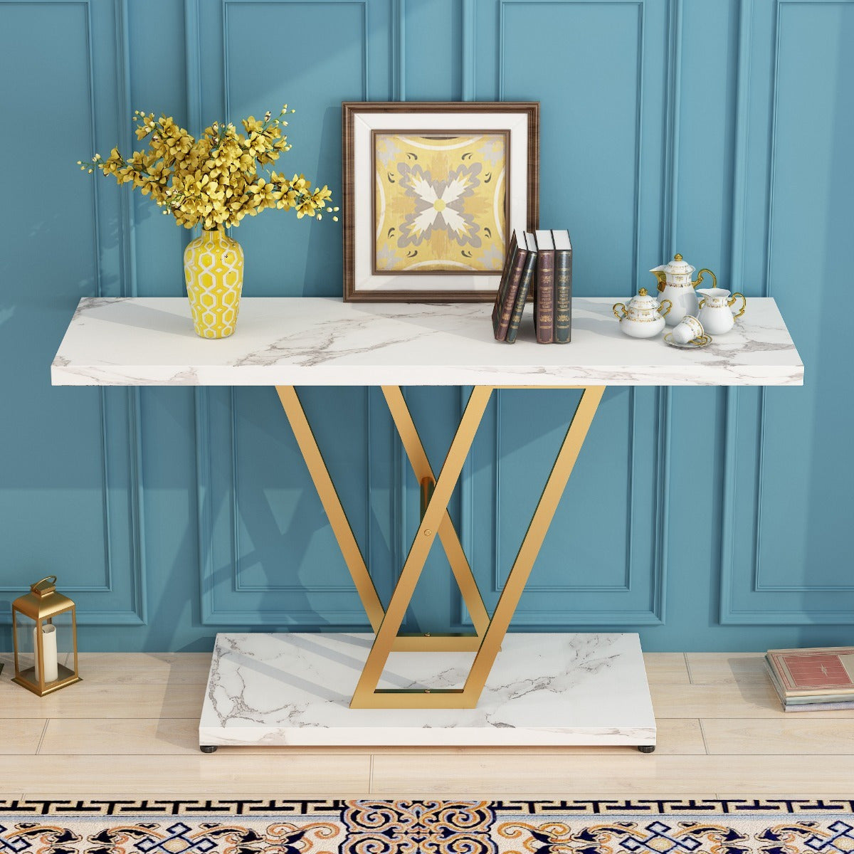 Console Table: 106.68 cm Industrial Entryway Table for Living Room - Narrow Sofa Table with Sturdy Metal Frame, Easy Assembly in Elegant Golden/White - Perfect for Holiday Decor and Creating a Warm, Welcoming Entrance