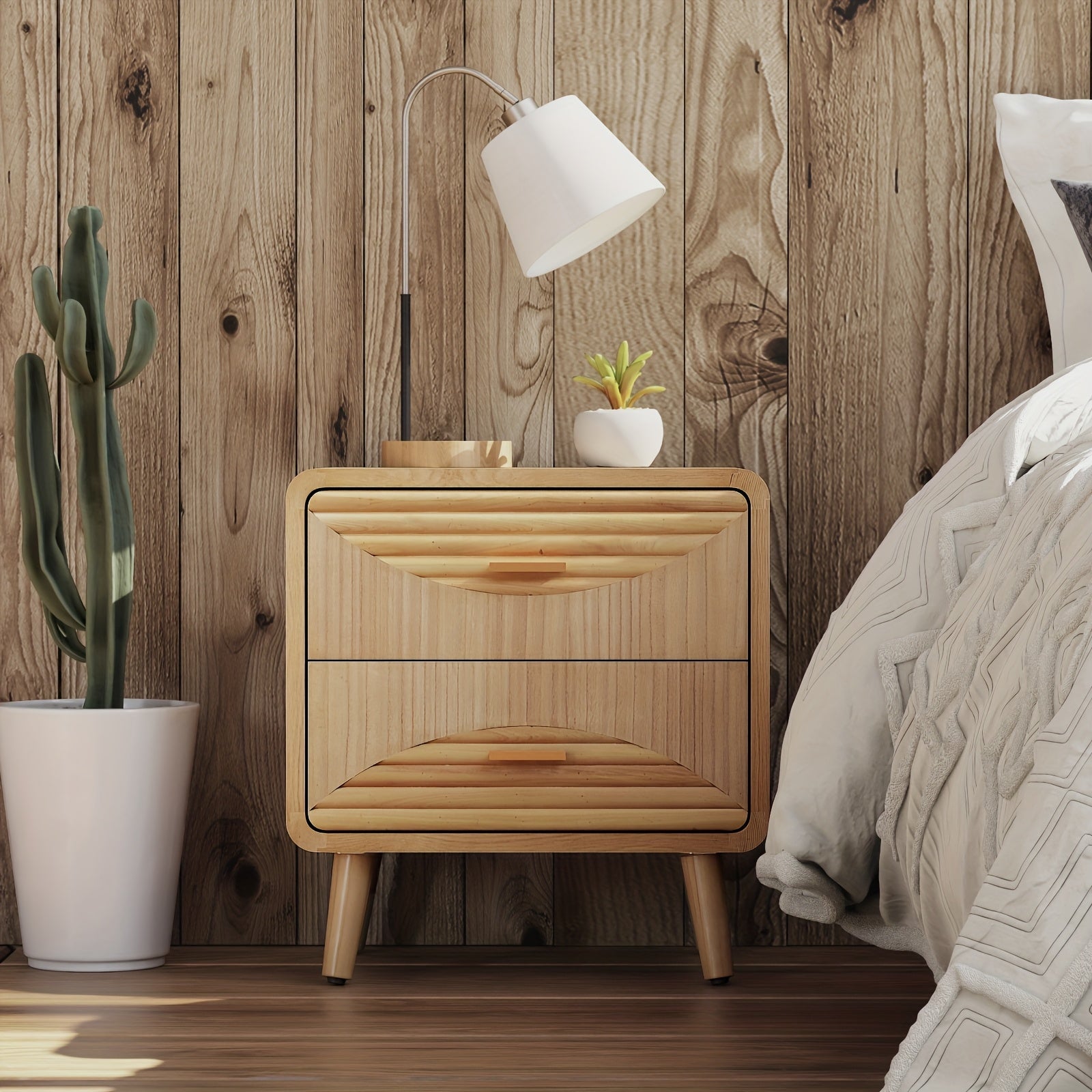 Chic Farmhouse 2-Drawer Nightstand in Natural Wood - Mid Century Boho & Rustic Style, Handcrafted Grain, Easy Assembly, Perfect for Cozy Bedroom Decor, Bedroom Wall Decor