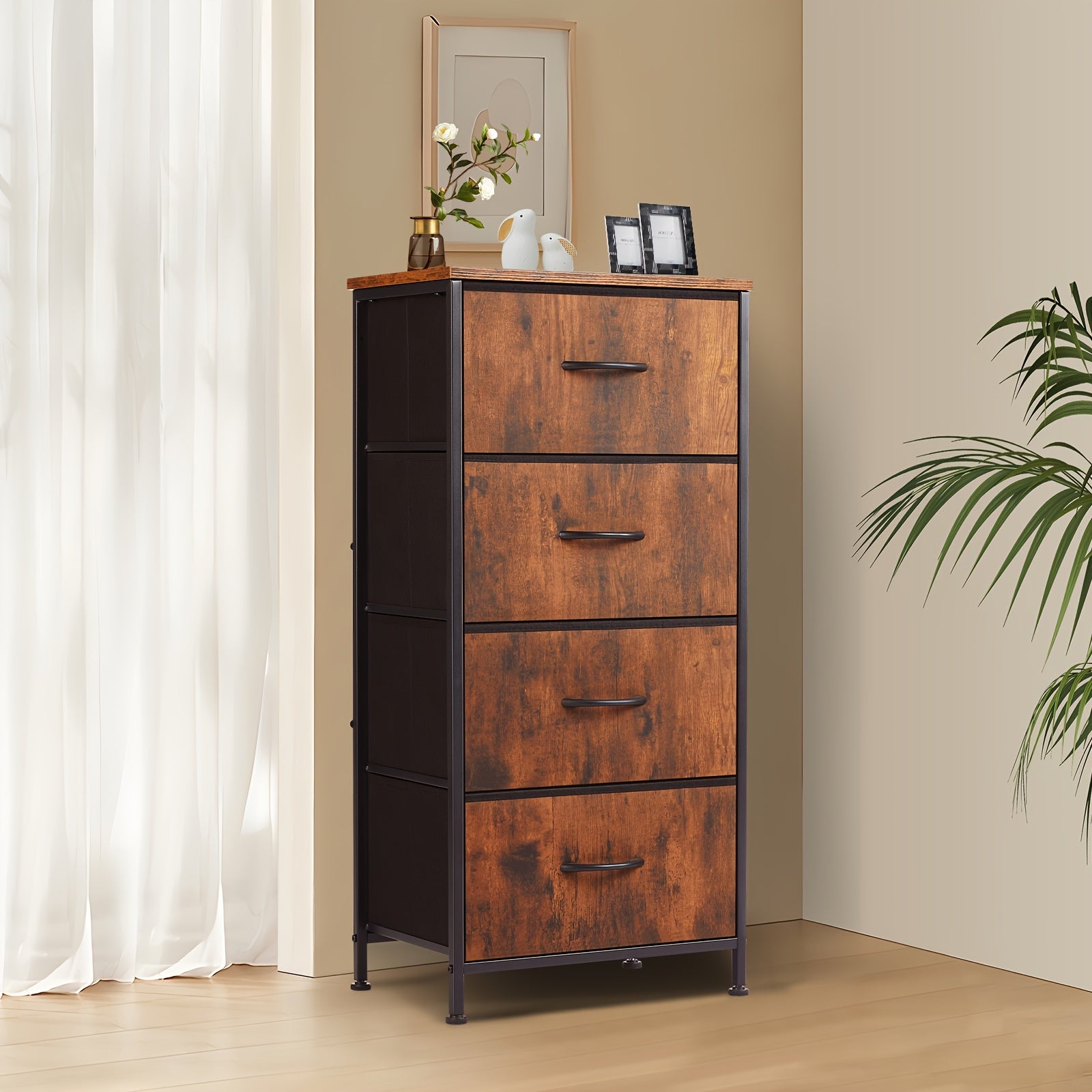 Idle Way Dresser For Bedroom With 4 Drawers, Storage Cabinet, Skinny Tower Organizer Unit, Fabric Storage, Chest Of Drawers With Wooden Top For Closet, Laundry, Living Room, Hallway, Office, Brown, Black Grey White For Lab