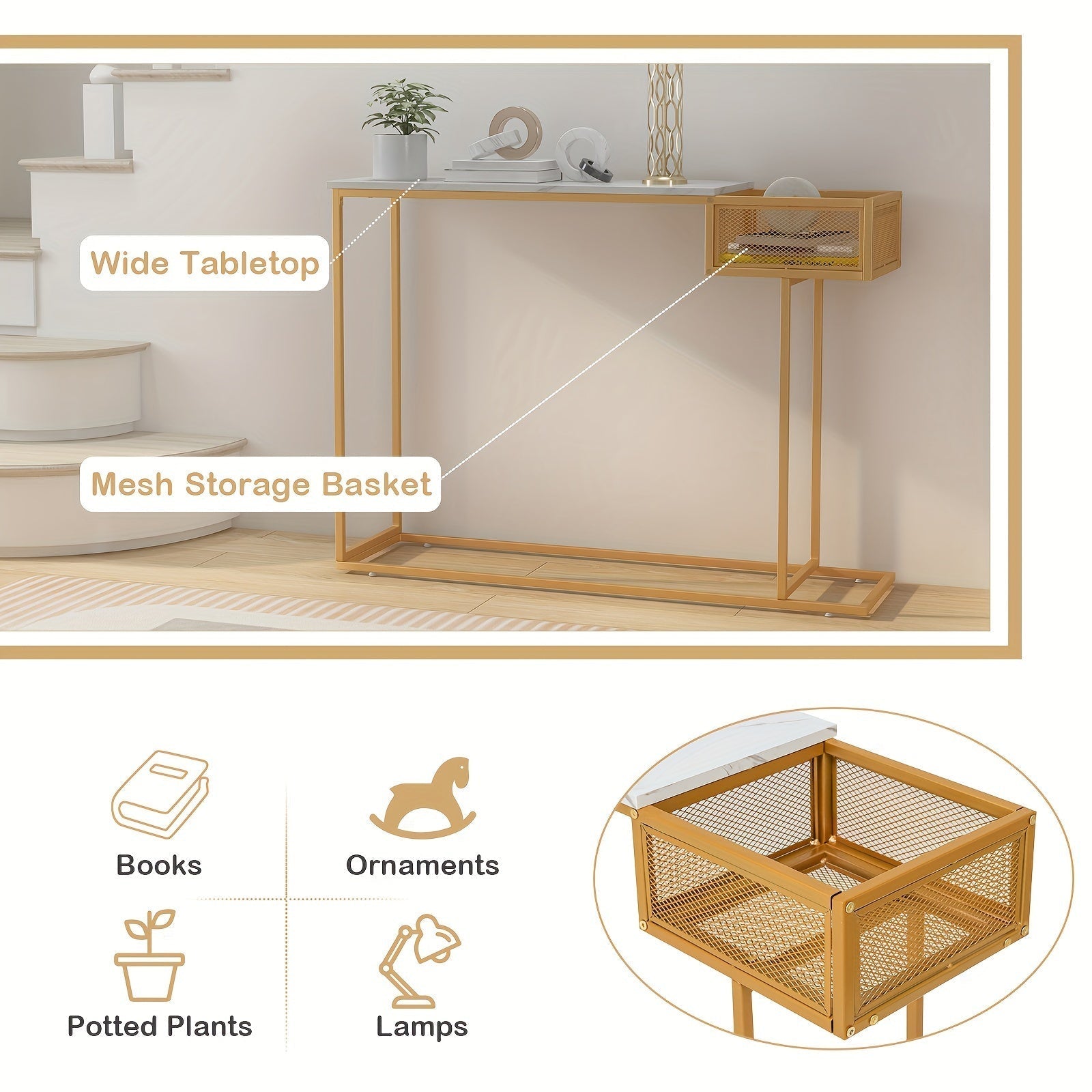 1pc Console Table, Faux Narrow Marble Entryway Sofa Table with Storage Wire Basket (Dimensions in cm)