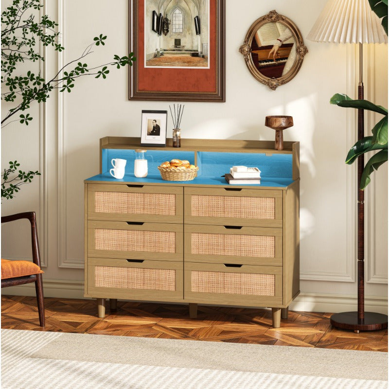 Chic Rattan Storage Cabinet with 6 Drawers - Metal Frame, Ideal for Bedroom & Living Room Organization