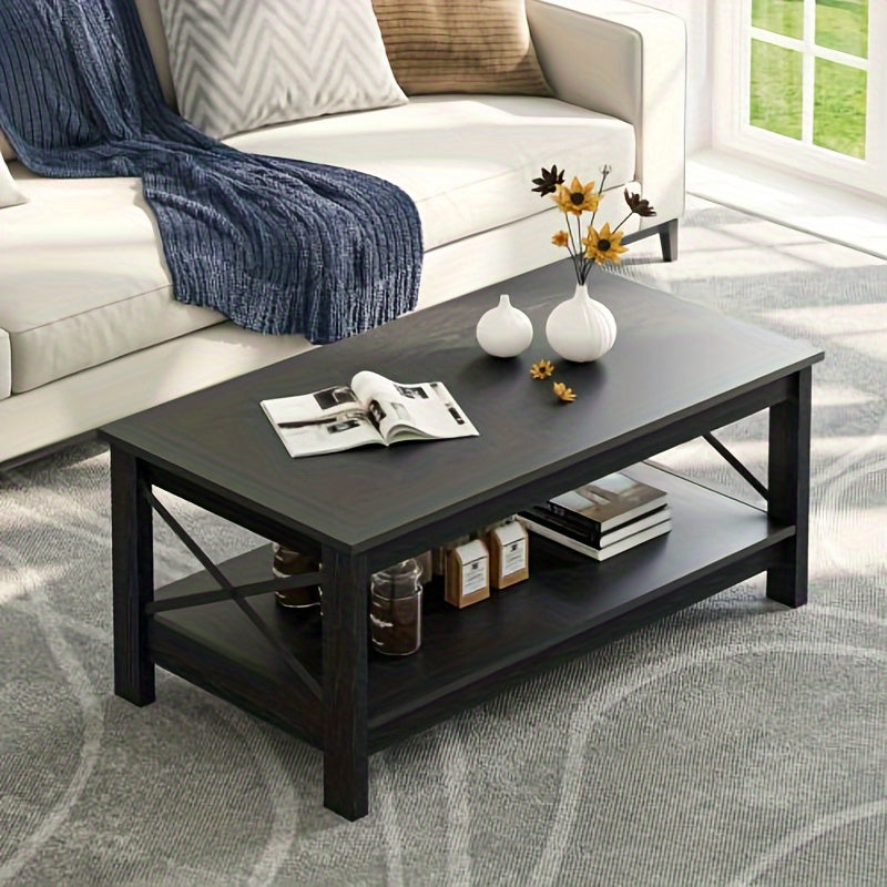 Coffee Table Classic Cocktail Table with Storage Shelf, 39 inch, Black