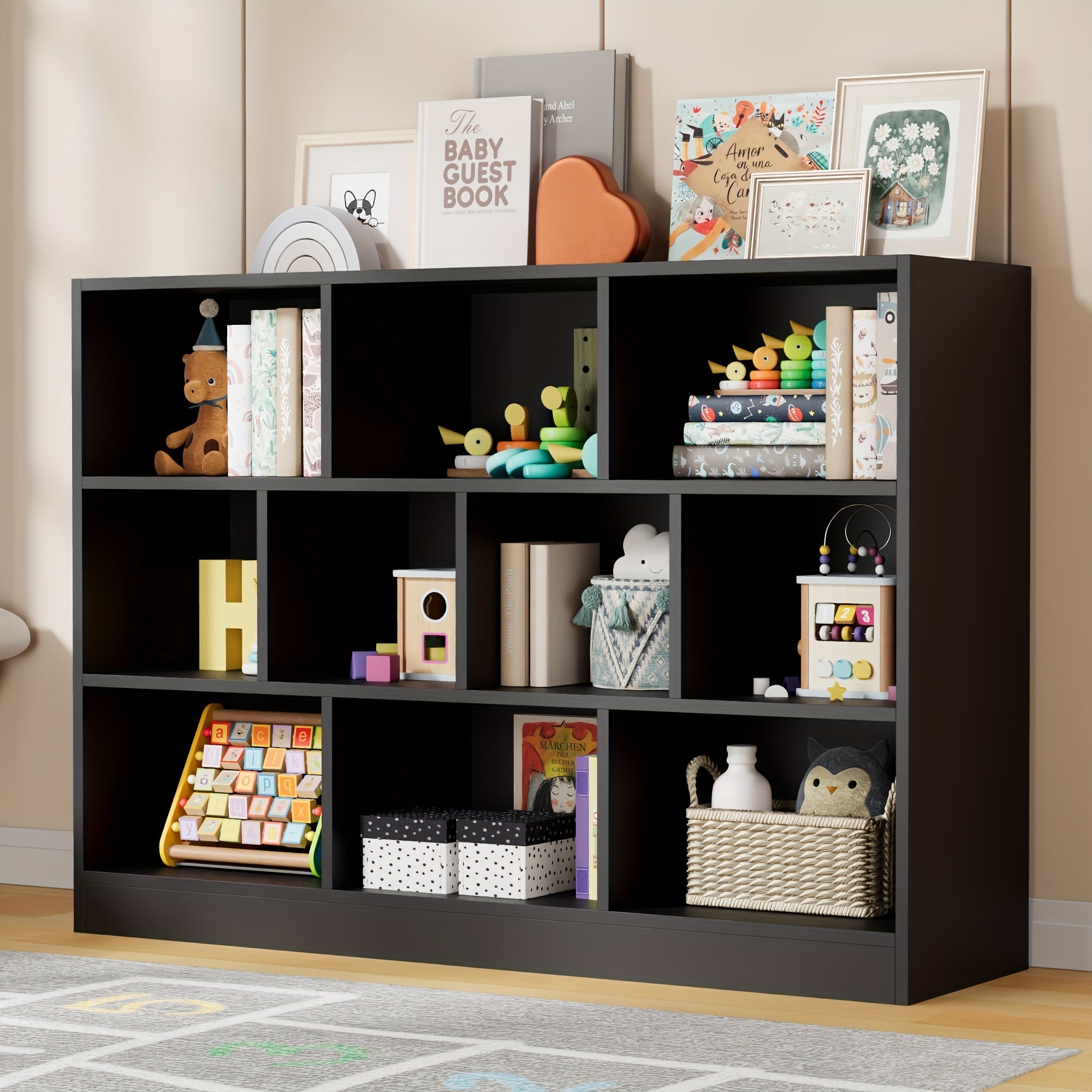 Bookshelf, 3-Tier Open Shelf Bookcase, 10 Cube Storage Organizer with Anti-Tilt Device for Bedroom, Living Room