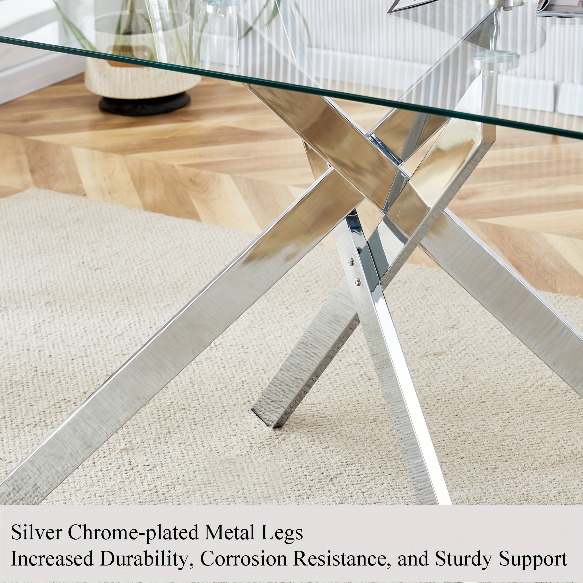 Rectangular Clear Tempered Glass Coffee Table, Stylish Design with Silver Chrome Plated Metal Legs, Coffee Table for Living Room