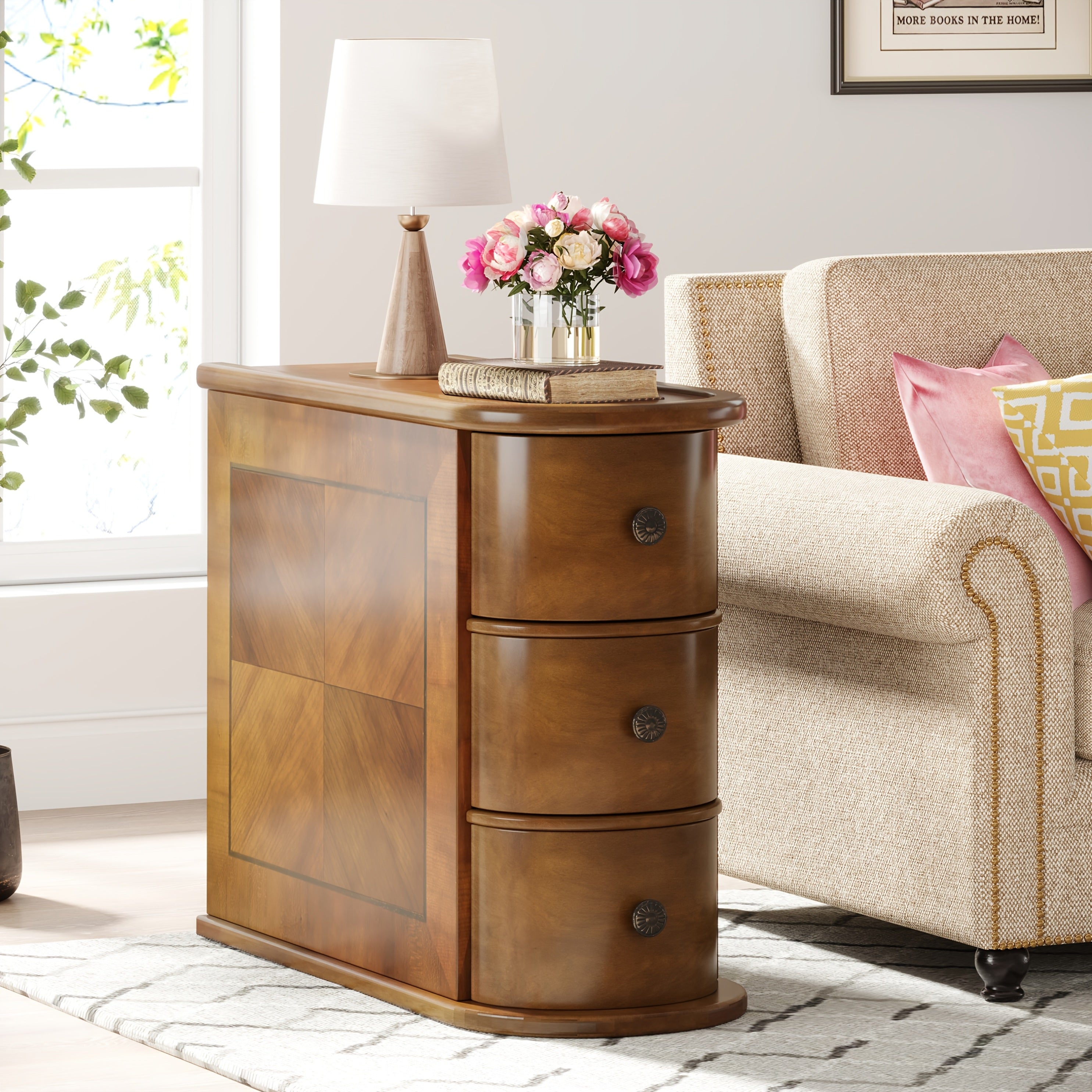 Solid Wood End Table With Drawers And Corner Shelves, Nightstand With Durable And Sturdy Construction, Slim Mid-Century Design Perfect For Small Spaces In Living Room Or Bedroom