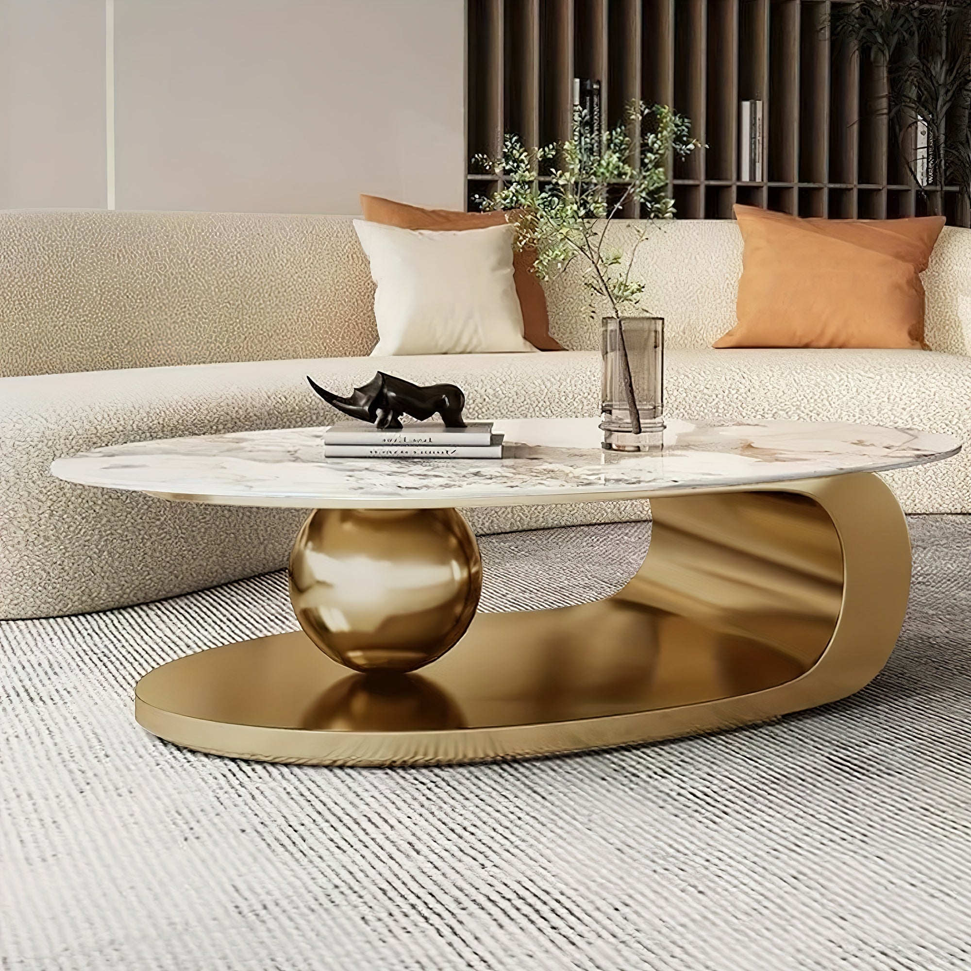 Marble Oval Coffee Table, Dining Table Dual-purpose Living Room 15.75inch High Coffee Table, Simple Small House Marble Golden Stainless Steel Metal Base, Coffee Table, Coffee Seat, Sent In Two Packs