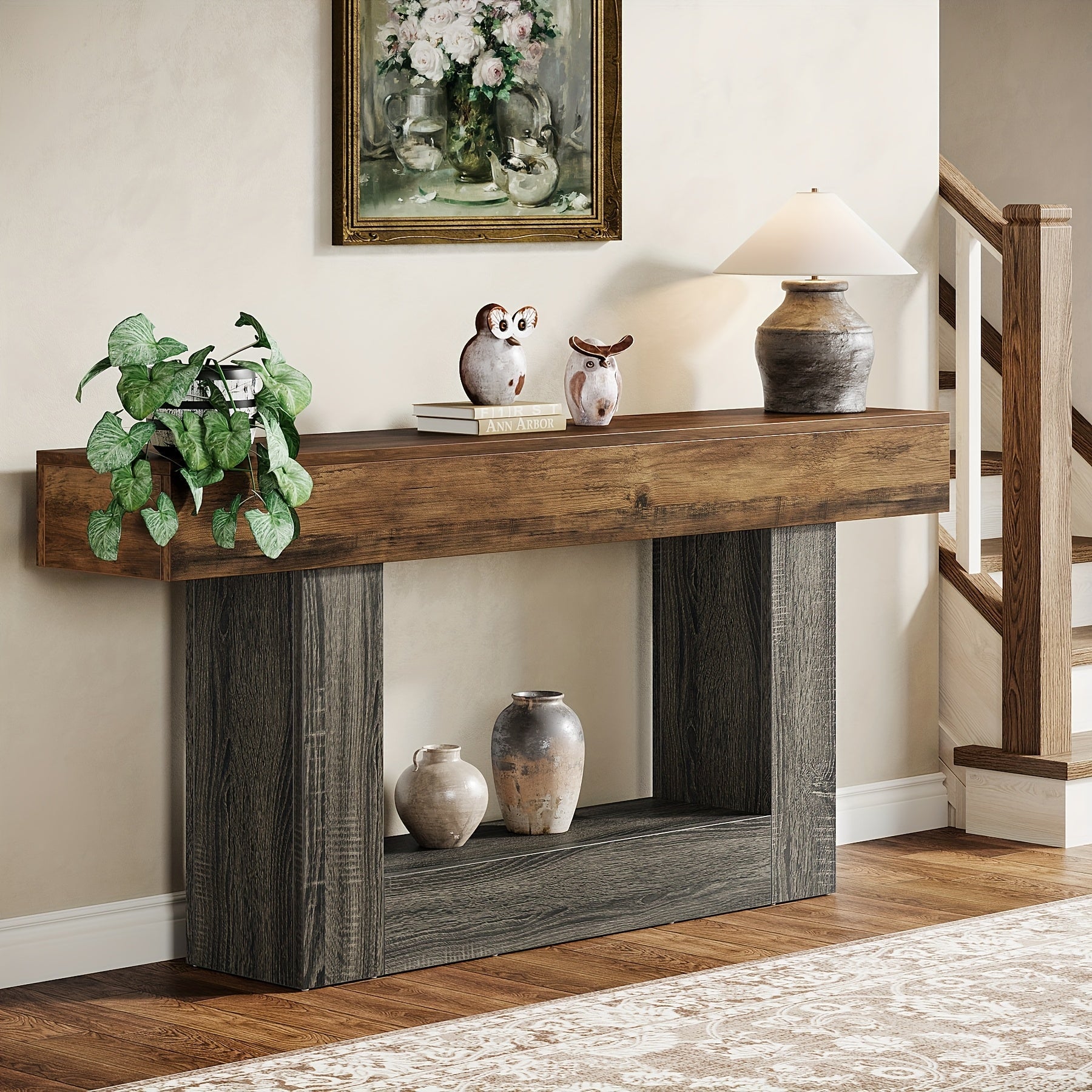 160 cm Narrow Long Console Table With Storage, Farmhouse 2-Tier Entryway Table With U-Shaped Base, Vintage Wood Sofa Table Behind Couch Table For Living Room, Hallway, Foyer, Rustic Brown And Grey