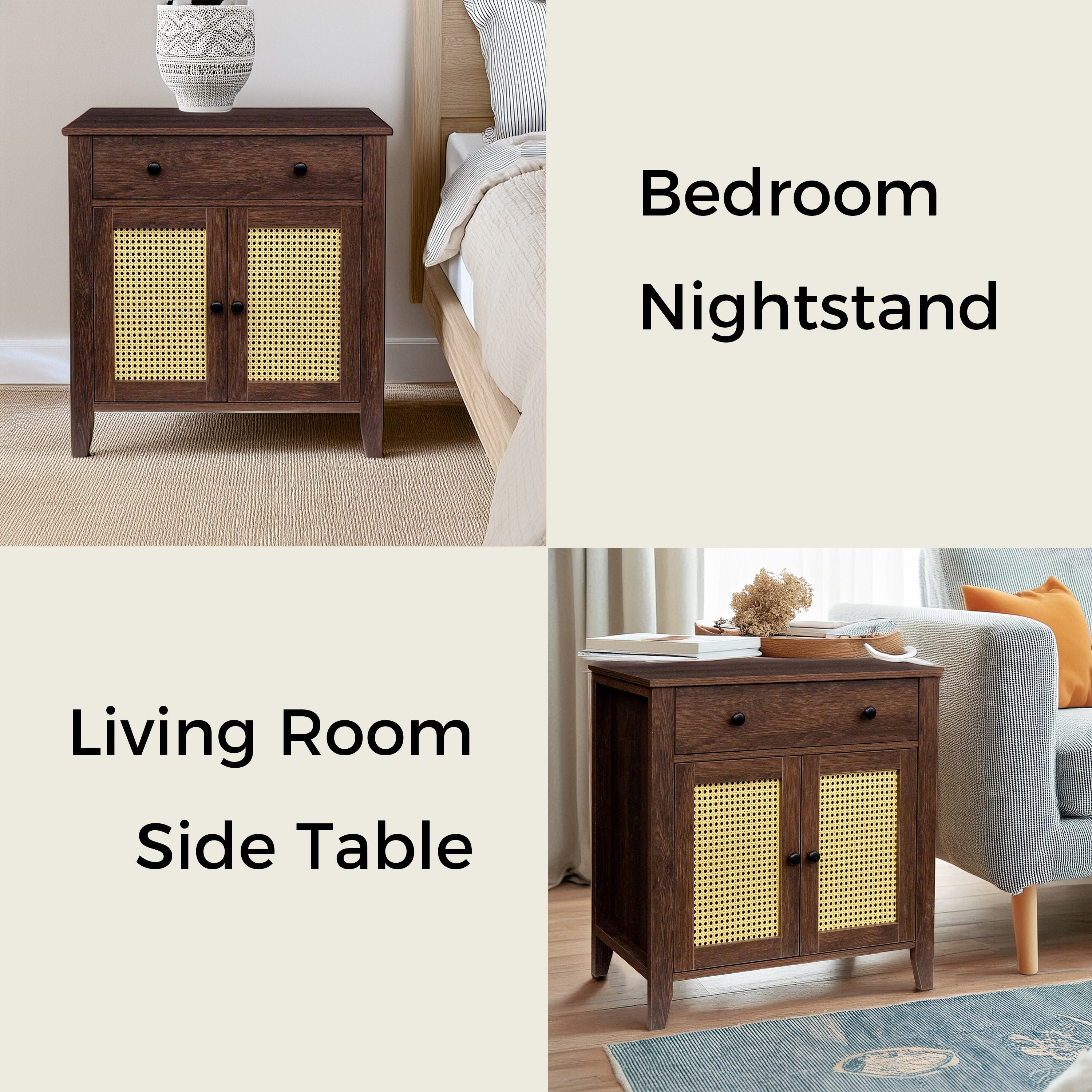 Rattan Nightstand, Mid Century Modern Nightstand With Rattan Decorated Door And Adjustable Shelf, Bedside Storage End Table With Drawer, Night Stand For Bedroom And Living Room