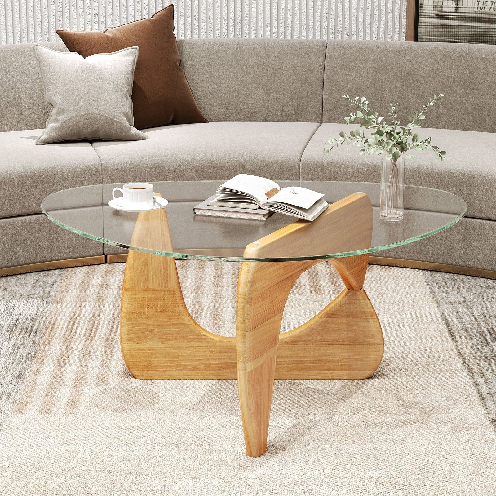 Triangle Coffee Table with Tempered Glass Top & Adjustable Rubber Wood Base