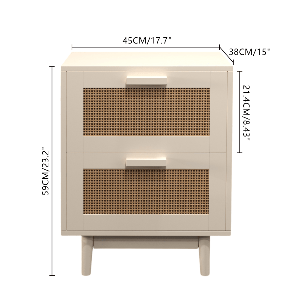 Rattan Nightstand, Wood End Table, Side Table with 2 Faux Rattan-Decorated Drawers, Bedside Table, Wood Accent Table with Storage for Livingroom, Bedroom, Burly wood