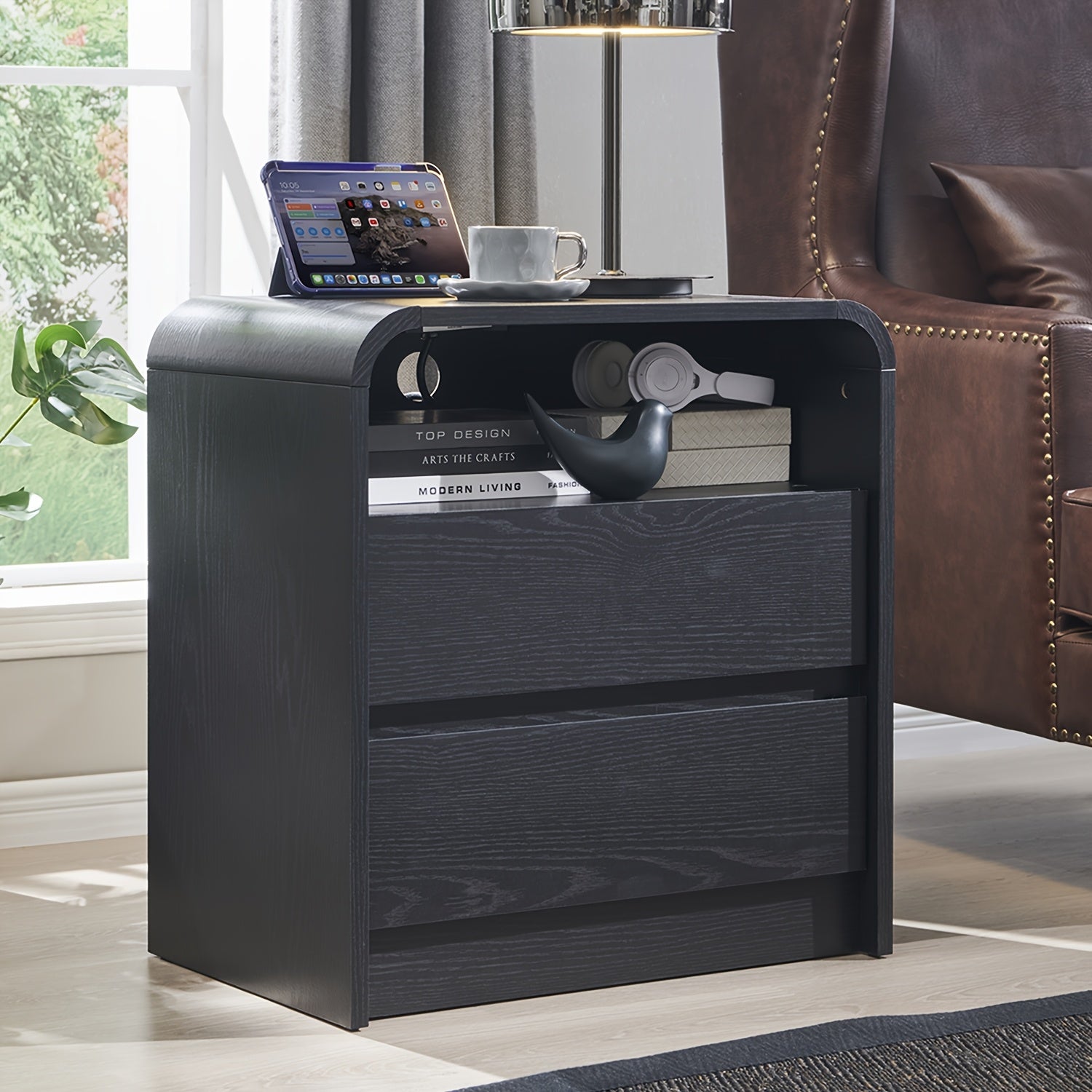 64cm tall modern bedside table with charging station, 23.6-inch wide wooden bedside table with 2 storage drawers, large medieval side table, suitable for bedroom, living room, curved contour design