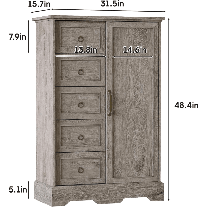 Farmhouse Dressing Table, Bedroom Drawer Storage Cabinet, 5-Drawer Dressing Table with Sliding Barn Door, 48 Inch High Wooden Countryside Dressing Table