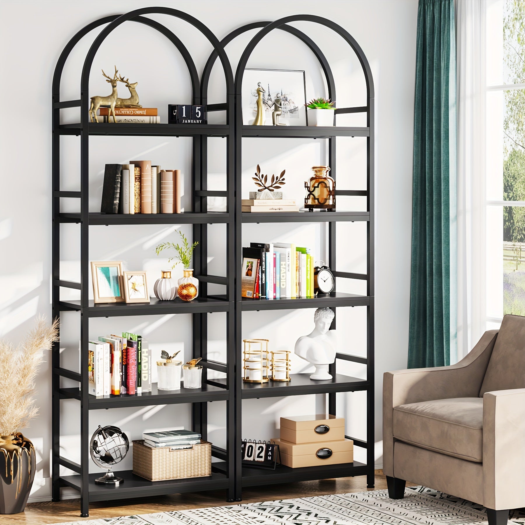 5-Tier Open Bookshelf, 190cm Industrial Arched Bookcase Storage Shelves with Metal Frame, Farmhouse Storage Rack Tall Standing Bookshelves for Bedroom, Living Room, Home Office