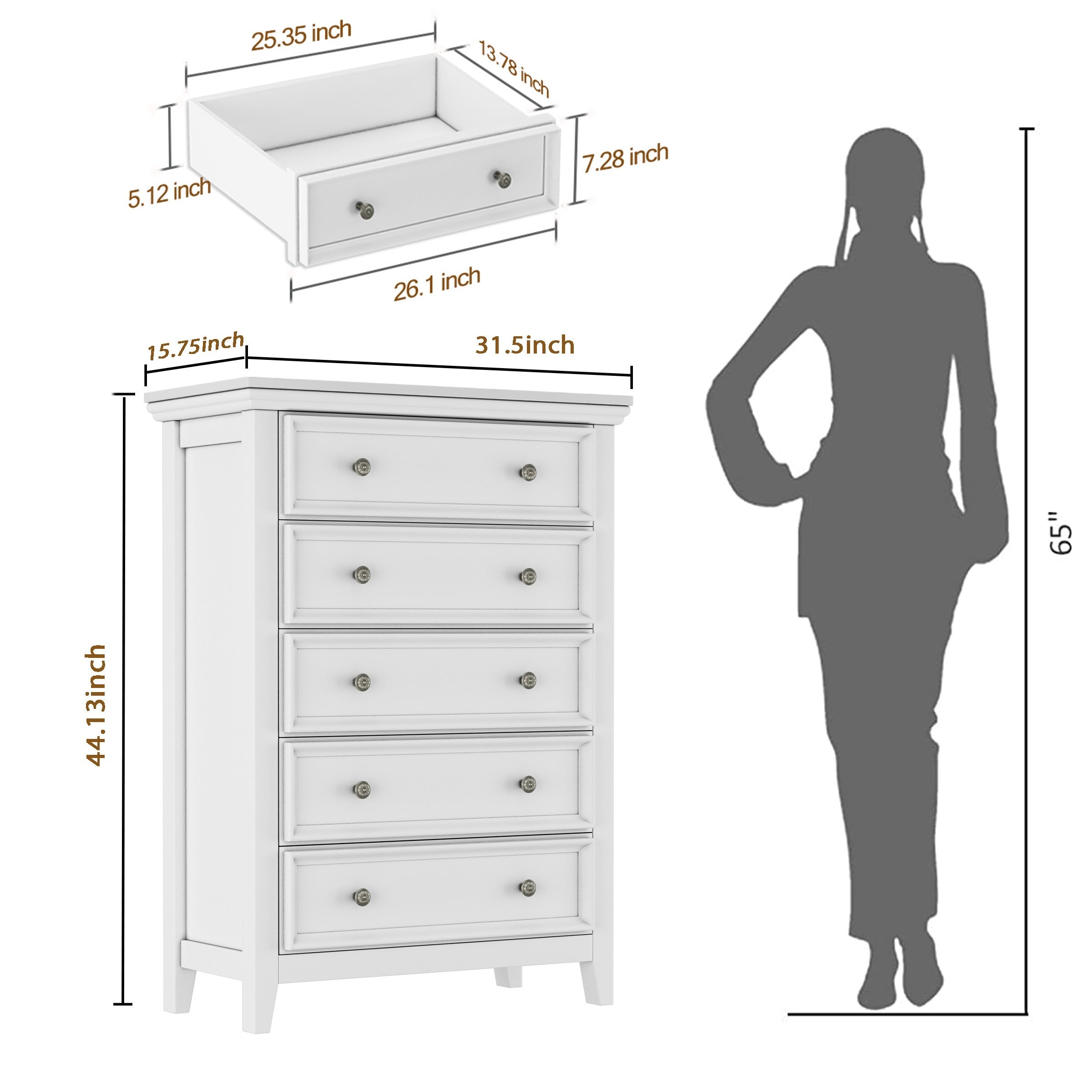 White Dresser for Bedroom, 5 Chest of Drawers, 5 Drawer Dresser for Home Office, Storage Drawer Cabinet with for Bedroom, Living Room, Hallway