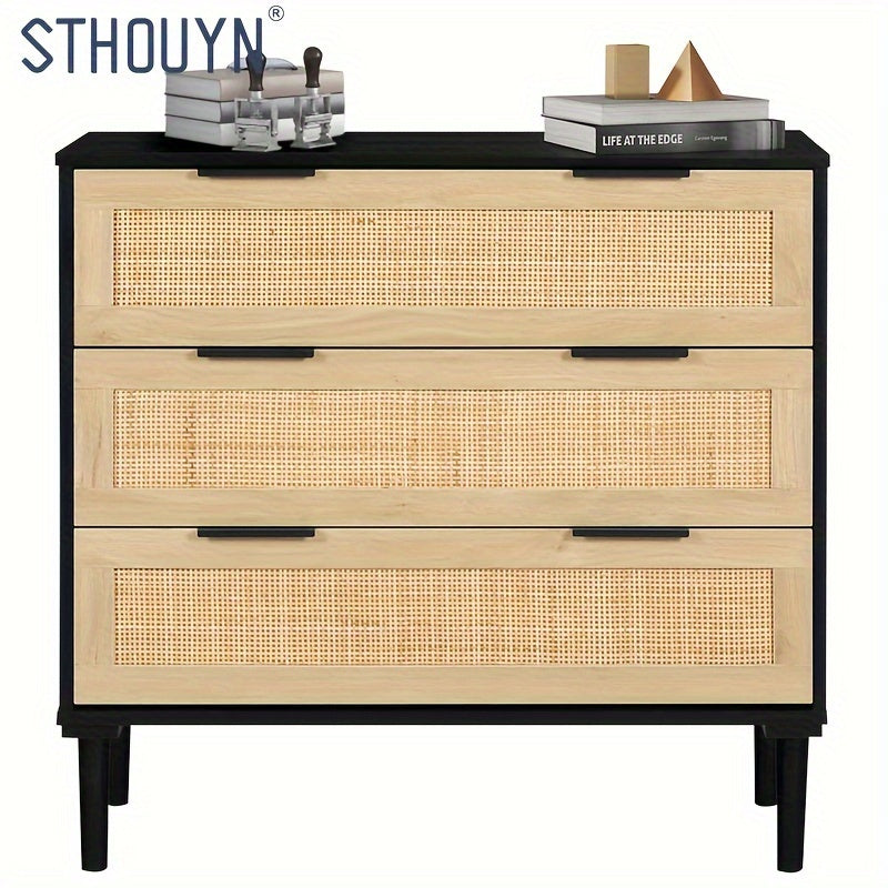 3 Drawer Rattan Dresser For Bedroom, Modern Closet Dressers Chest Of Drawers, Wood Oak Storage Chest For Bedroom, Hallway, Living Room