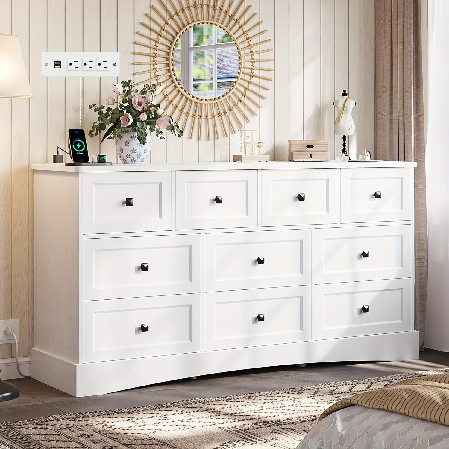 1pcs White/Black Dresser With 10 Drawers For Bedroom, Large Dresser/Chest Of Drawers With Charging Station, 10 Drawers Dresser Storage Cabinets For Living Room