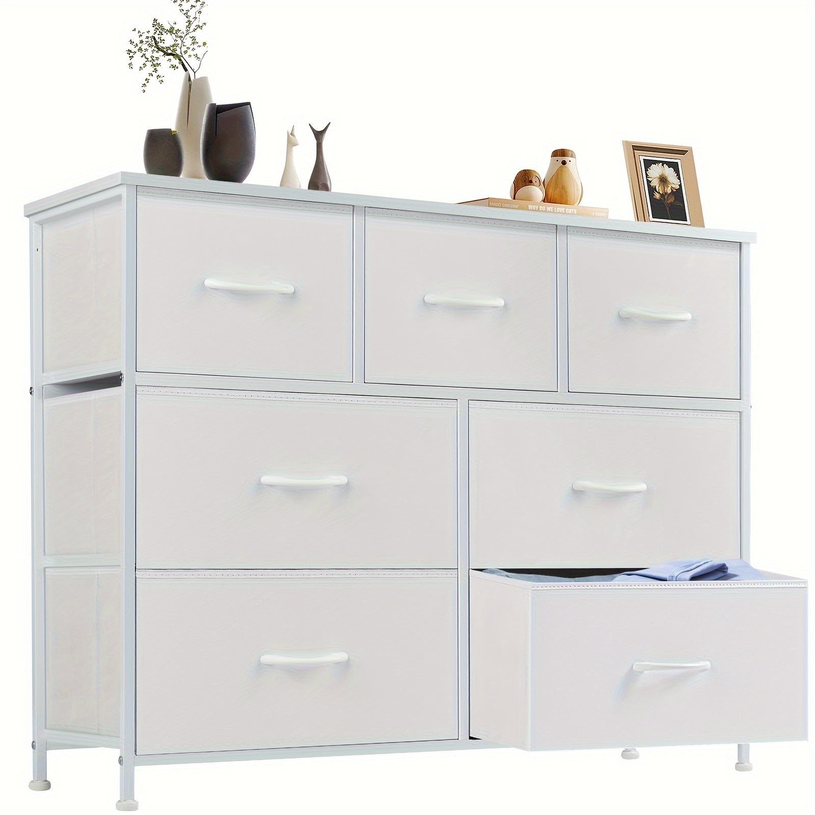 Dresser for Bedroom with 7 Fabric Drawers, Chest Organizer Units for Clothing, Closet, Storage Tower with Cabinet, Metal Frame, Wooden Top, Lightweight Nursery Furniture