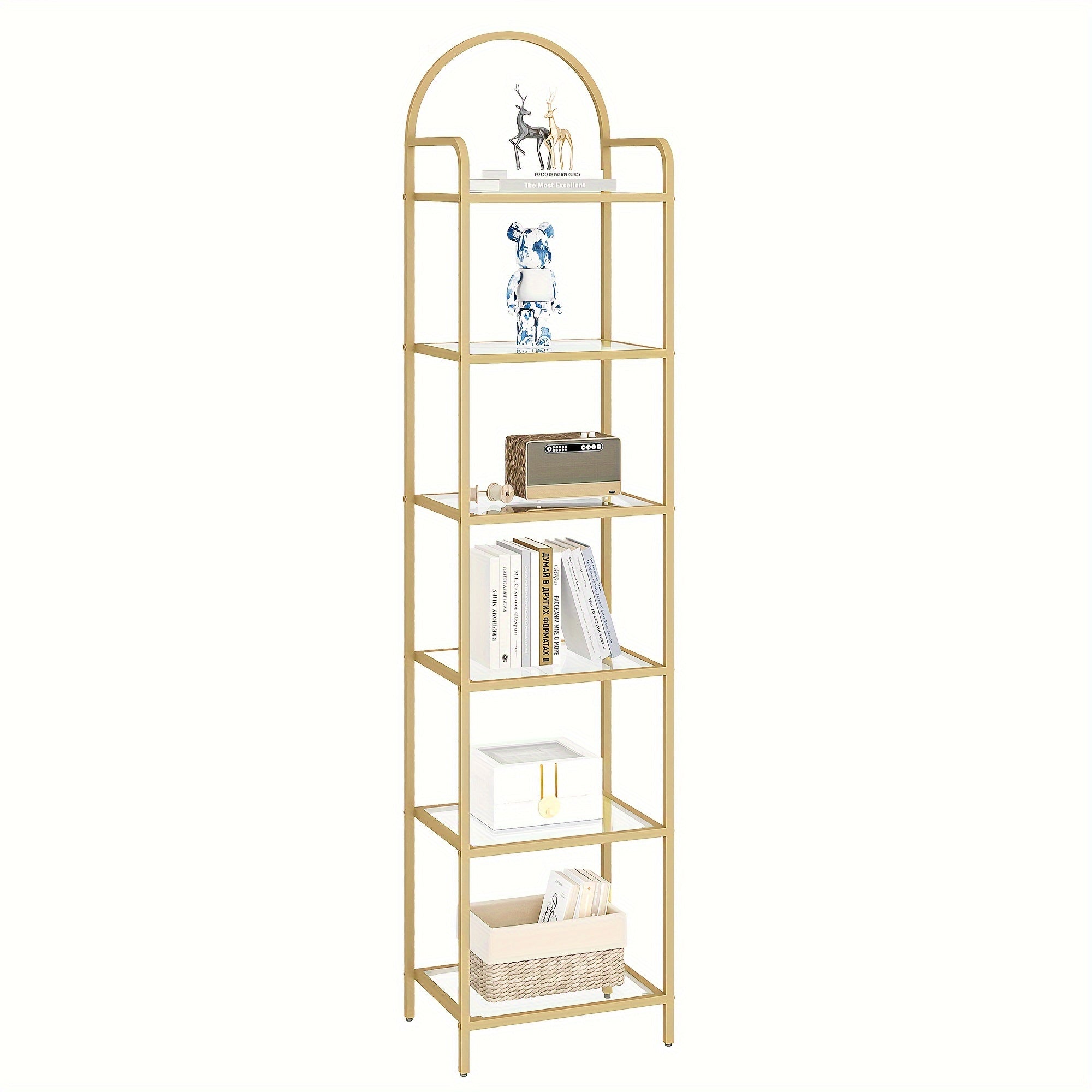 Golden 6-Tier Bookshelf with Tempered Glass Shelves - Slim, Sturdy Metal Frame for Bedroom, Bathroom, Home Office - Versatile Display & Storage Rack