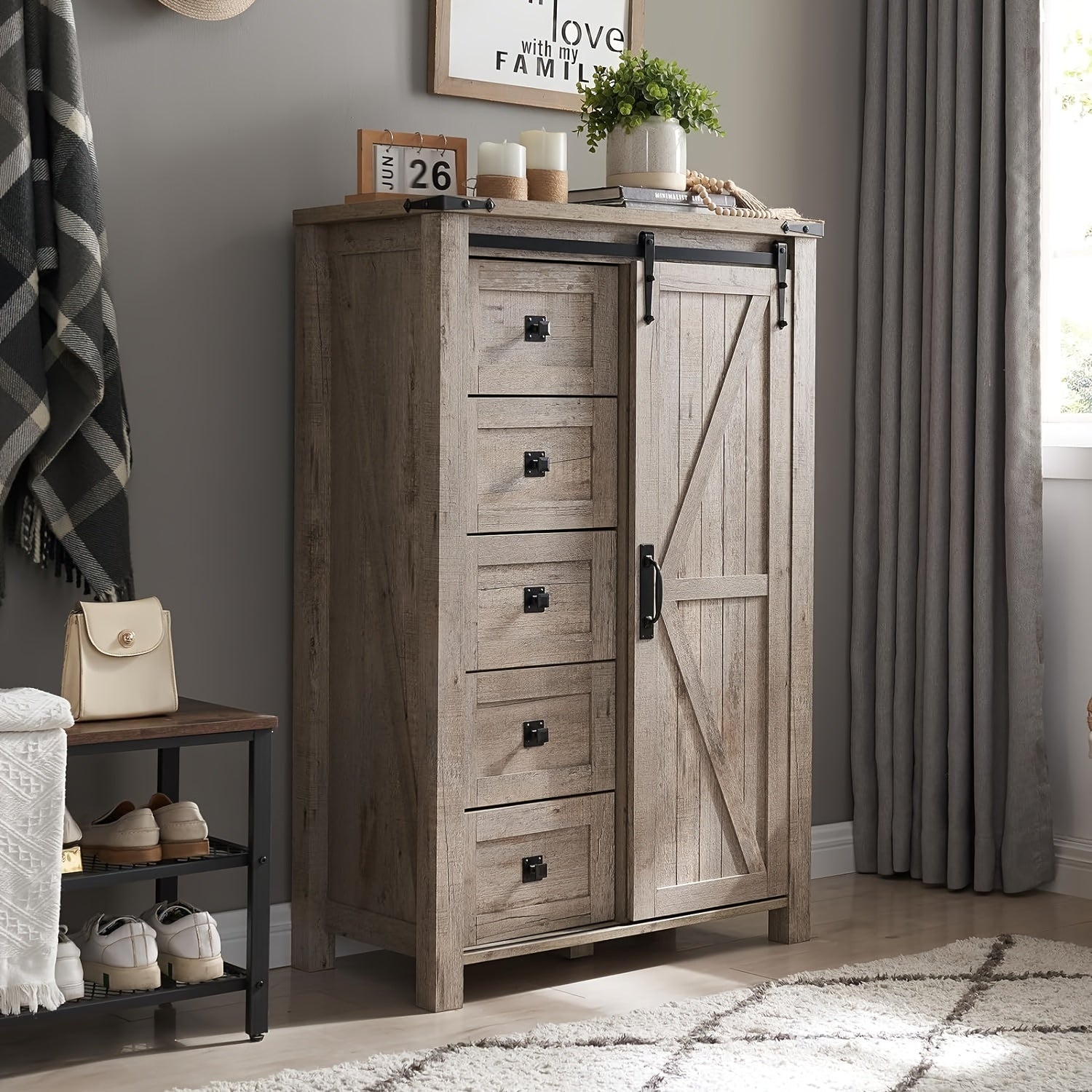 5 Drawers Dresser For Bedroom W/Sliding Barn Door, Farmhouse Modern Tall Dresser 5 Chest Of Drawers, Storage Organizer Dresser For Bedroom, Hallway, Living Room, Kids Room