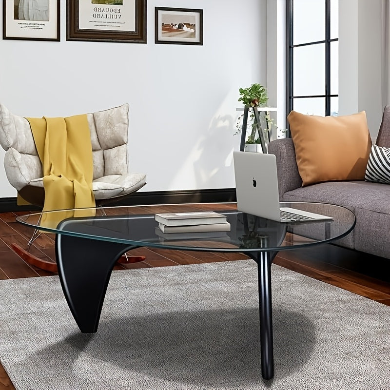 Modern Triangular Glass Coffee Table with Walnut Wood Base - Versatile & Comfortable for Living Room, Office, or Balcony, Coffee Table for Living Room