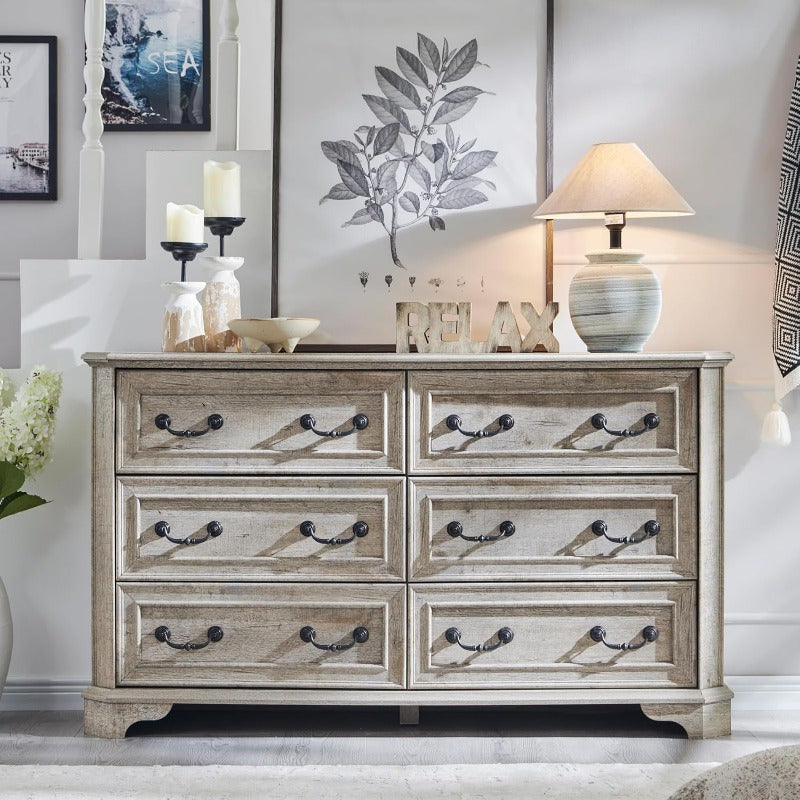 Charming Rustic Farmhouse 6-Drawer Dresser - 54" Wide, Antique White with Natural Wood Grain Finish, Beveled Edges for Safety & Style, Spacious Storage Organizer for Bedroom and Living Room