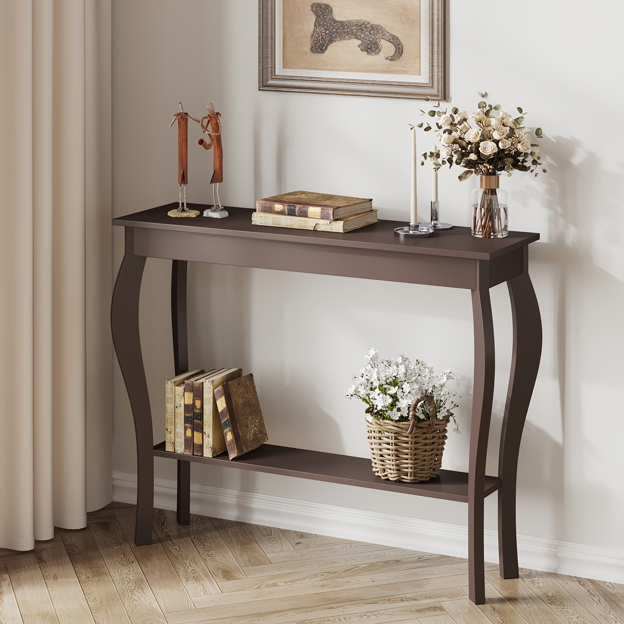 Farmhouse Console Sofa Table with S-Shape Wooden Legs, Chic Accent Narrow Console Table with Sturdy Frame and Open Shelf for Entryway, Living Room, and Hallway, Space-Saving Design, Versatile and Easy to Assemble (Dimensions in cm)