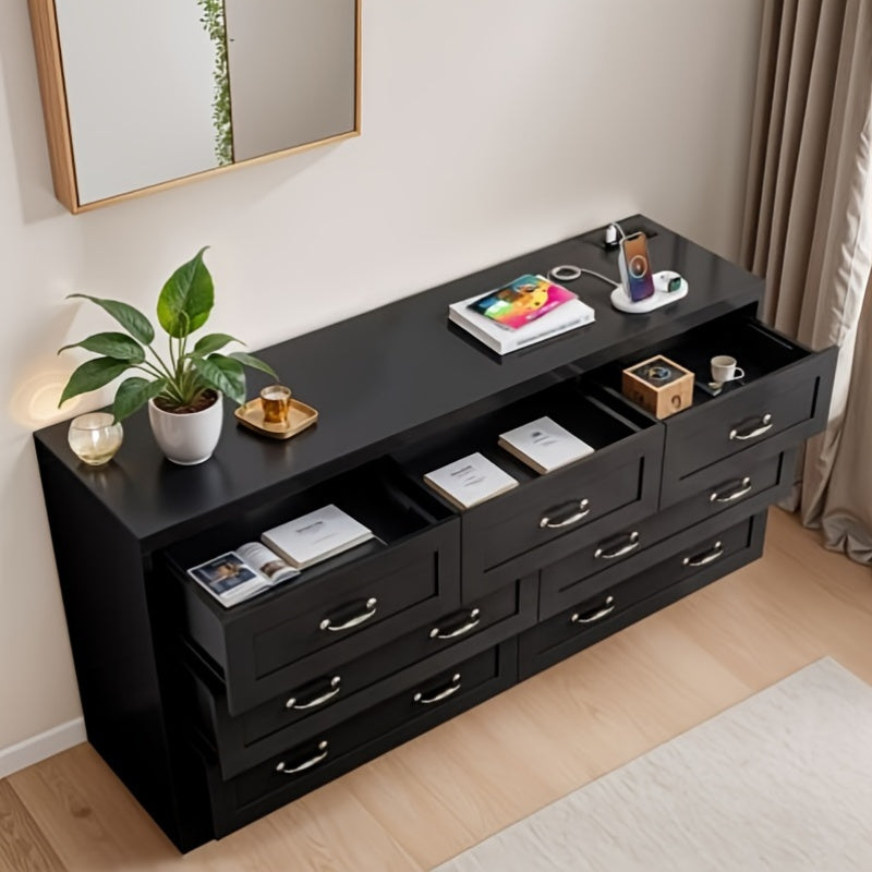 Elegant 7- Drawer Wood Dresser with Charging Station: Versatile Storage Cabinet for Bedroom, Entryway, and Living Room