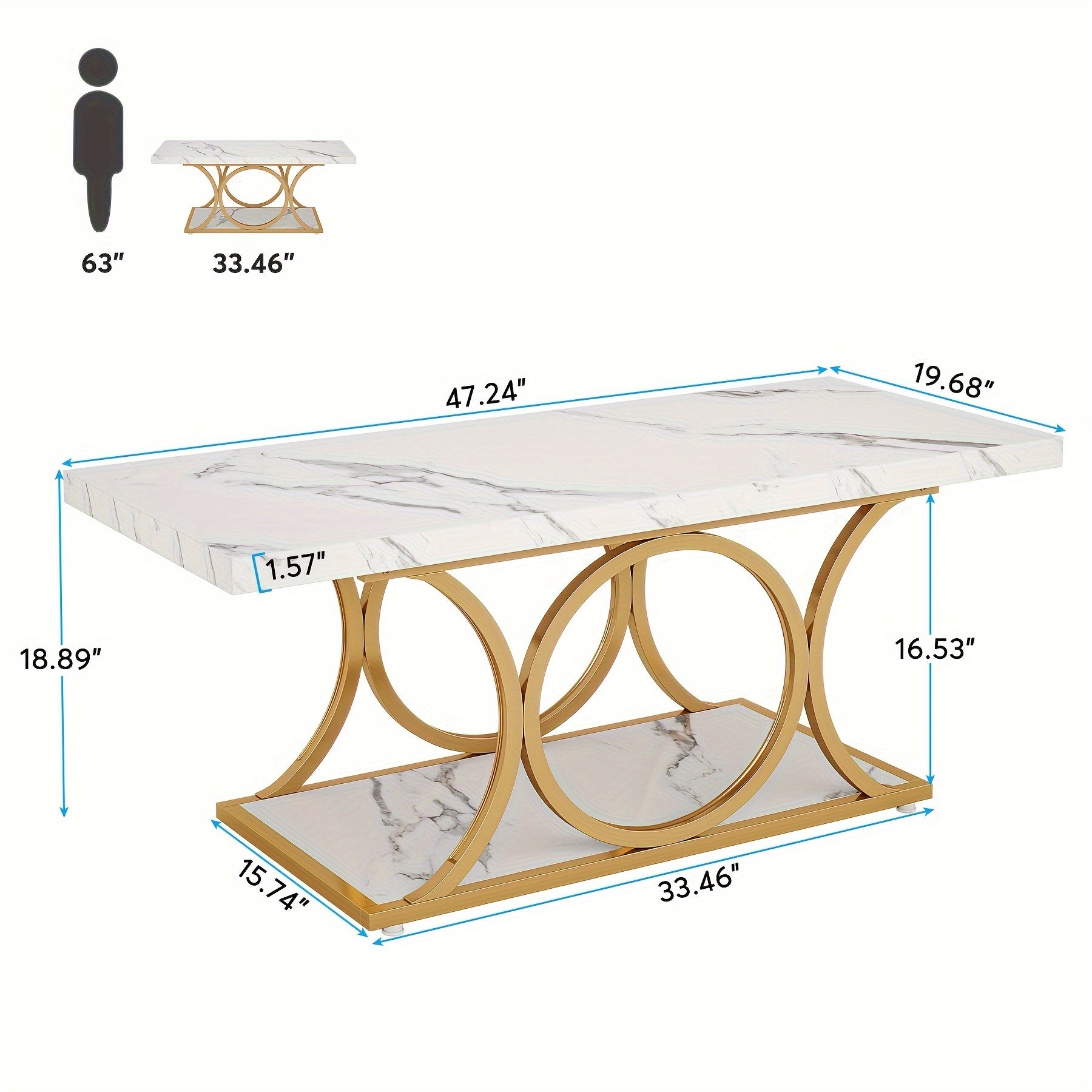 Rectangle Coffee Table, 120cm Modern Coffee Tables for Living Room, 2-Tier Faux Marble Wood Coffee Table with Geometric Legs, Furniture with Storage Shelf