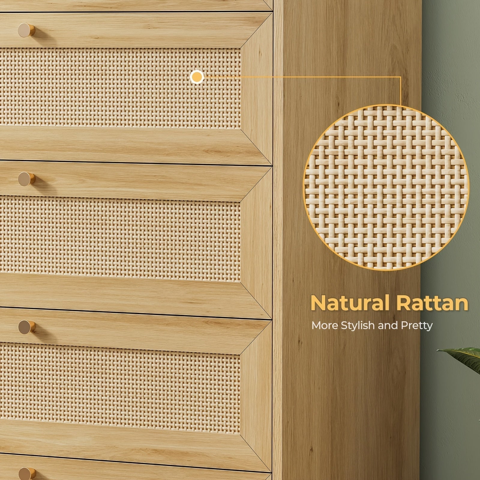 120cm Natural Rattan Dresser For Bedroom With 6 Drawers, Modern Double Wooden Wide Bedroom Dresser, Chest Of Drawers With Metal Handle & Solid Wood Legs For Bedroom/Living Room