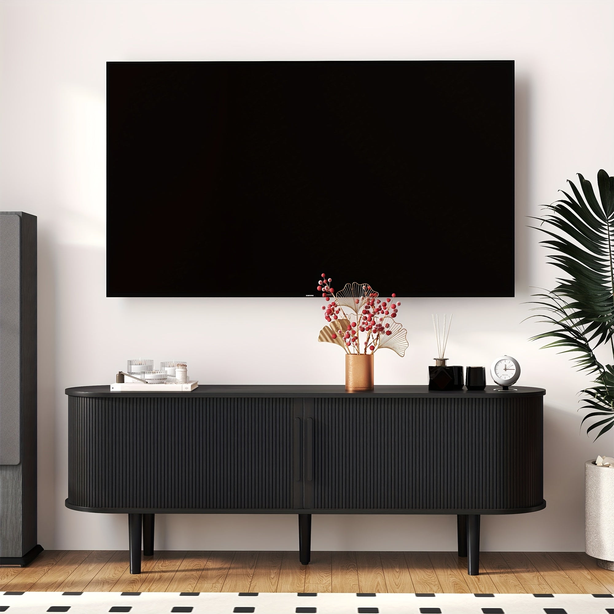 Luxury Black Tambour Door TV Stand - Modern Media Console with Storage for Living Room, Bedroom, or Playroom