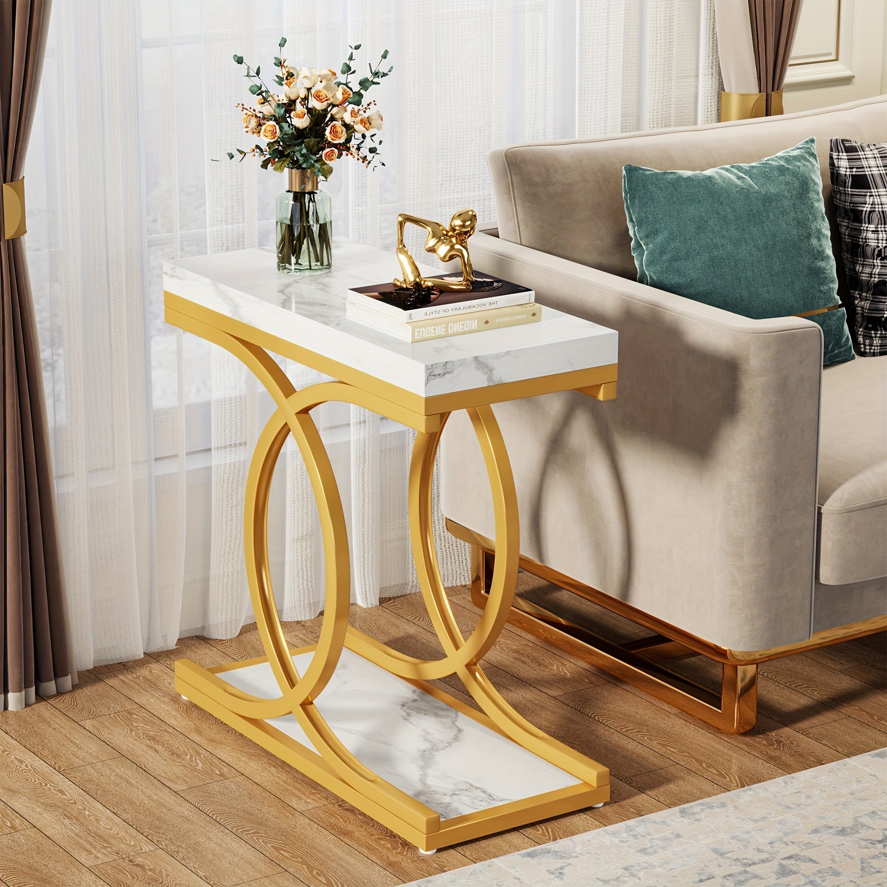 Contemporary Narrow Side Table: This Modern Faux Marble End Table Fits Comfortably In Small Spaces, Perfect For Enhancing Your Living Room