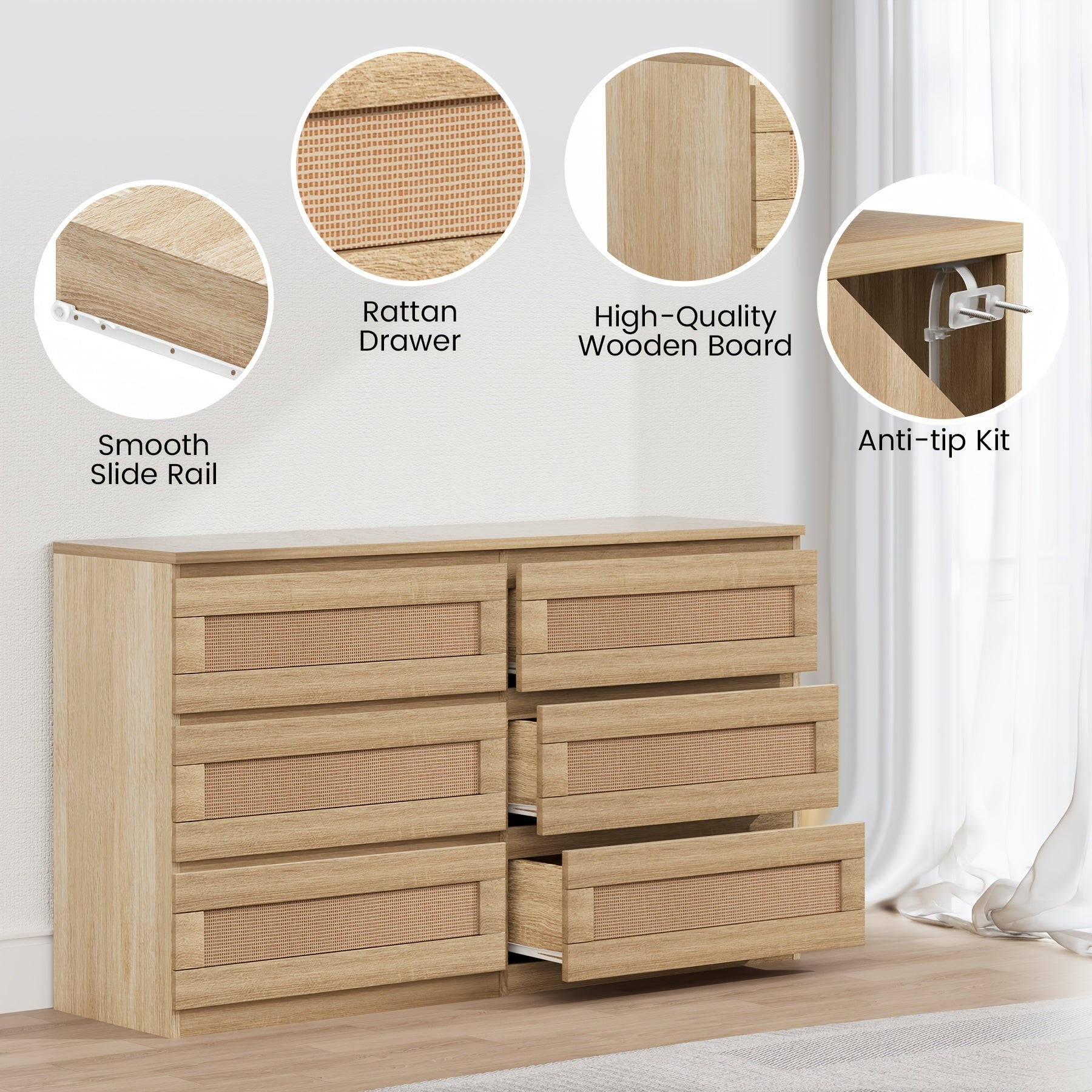 Rattan Dresser For Bedroom, Modern 6 Drawer Double Dresser With Anti-Tip Kit, Wood Storage Wide Chest Of Drawers For Bedroom, Living Room, Hallway, Natural